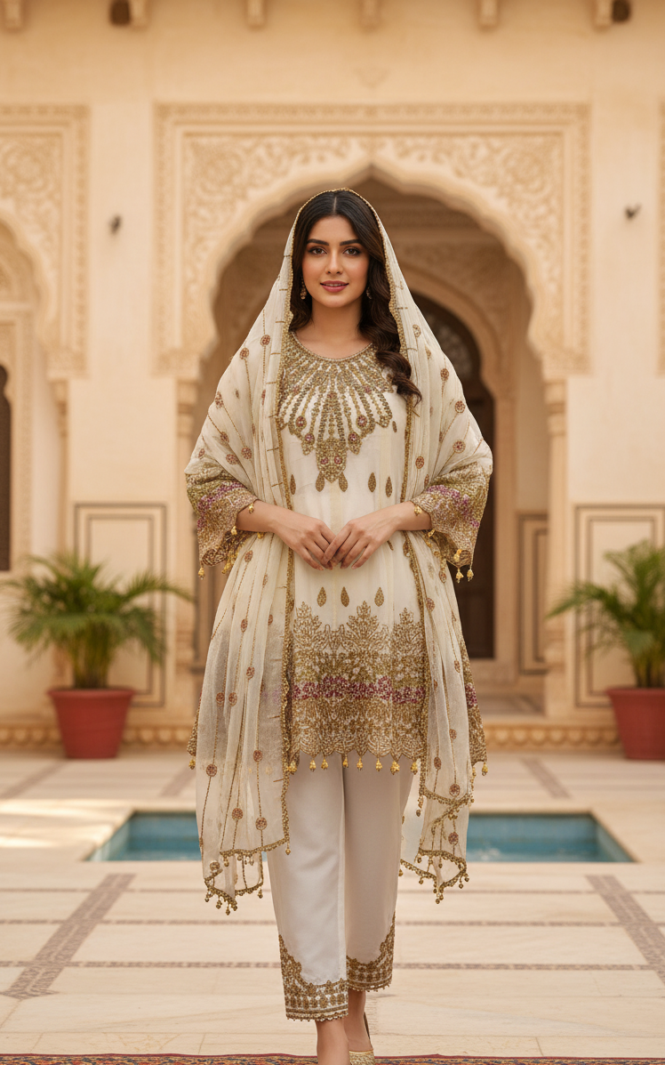 3-PIECE ANCHAL CHIFFON EMBROIDERED FROCK MMG-983