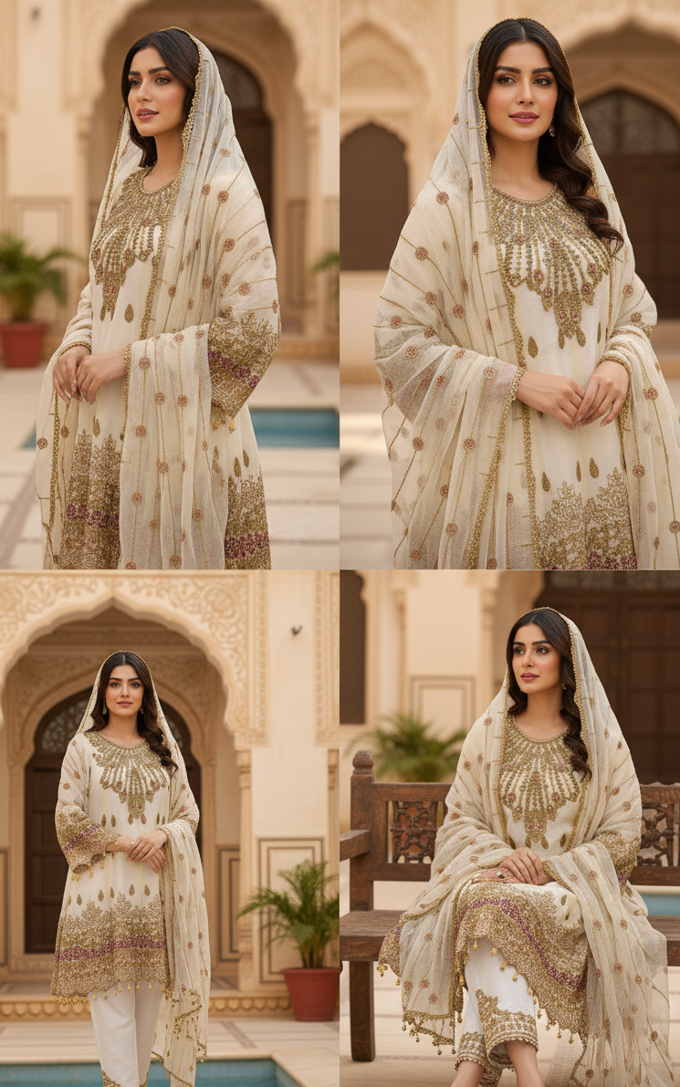3-PIECE ANCHAL CHIFFON EMBROIDERED FROCK MMG-983