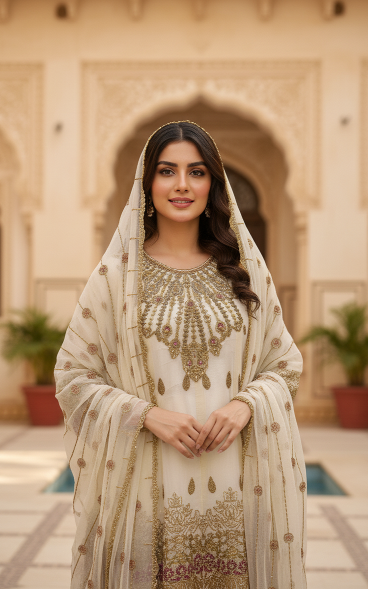 3-PIECE ANCHAL CHIFFON EMBROIDERED FROCK MMG-983