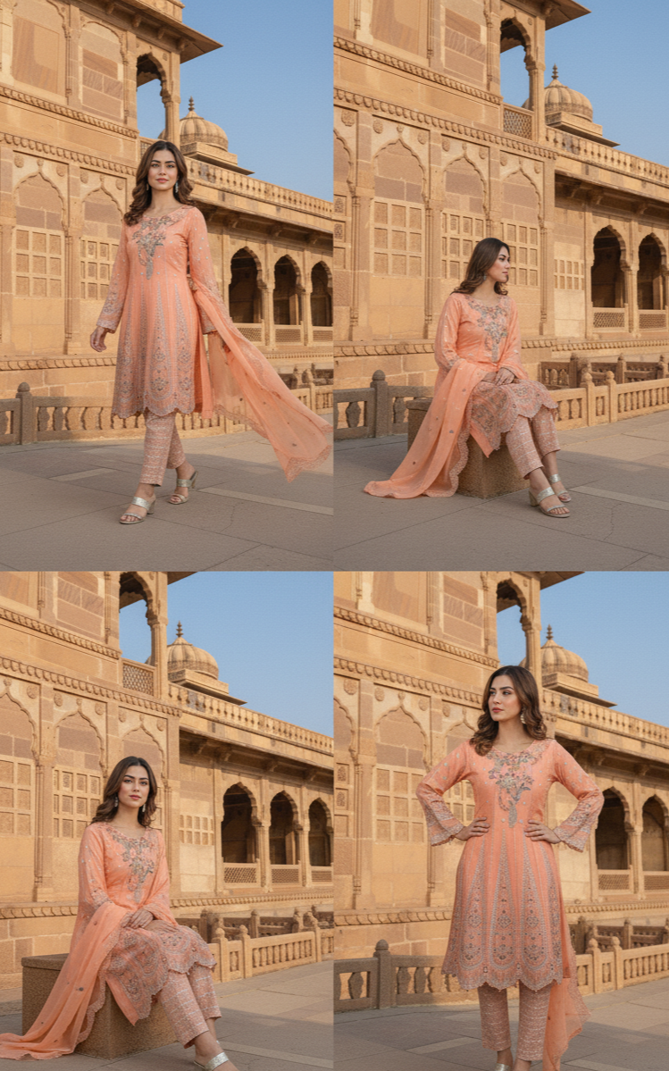ZARPOSH|3-PIECE EMBROIDERED FROCK MMG-824