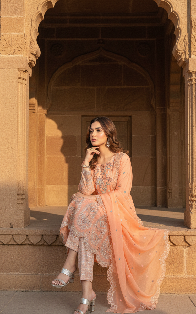ZARPOSH|3-PIECE EMBROIDERED FROCK MMG-824