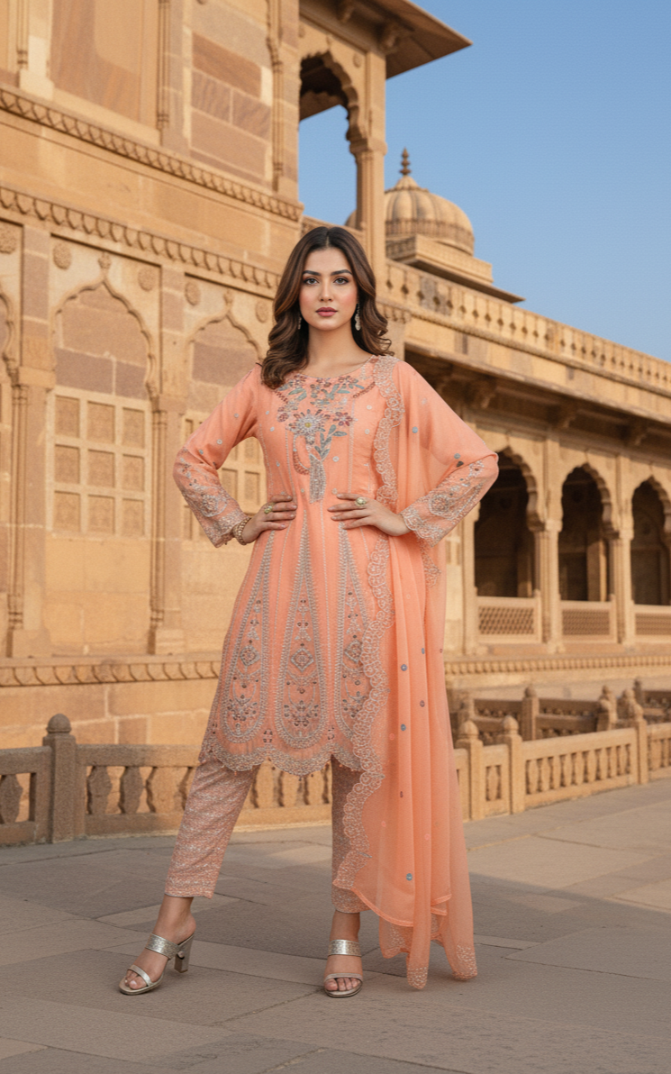 ZARPOSH|3-PIECE EMBROIDERED FROCK MMG-824