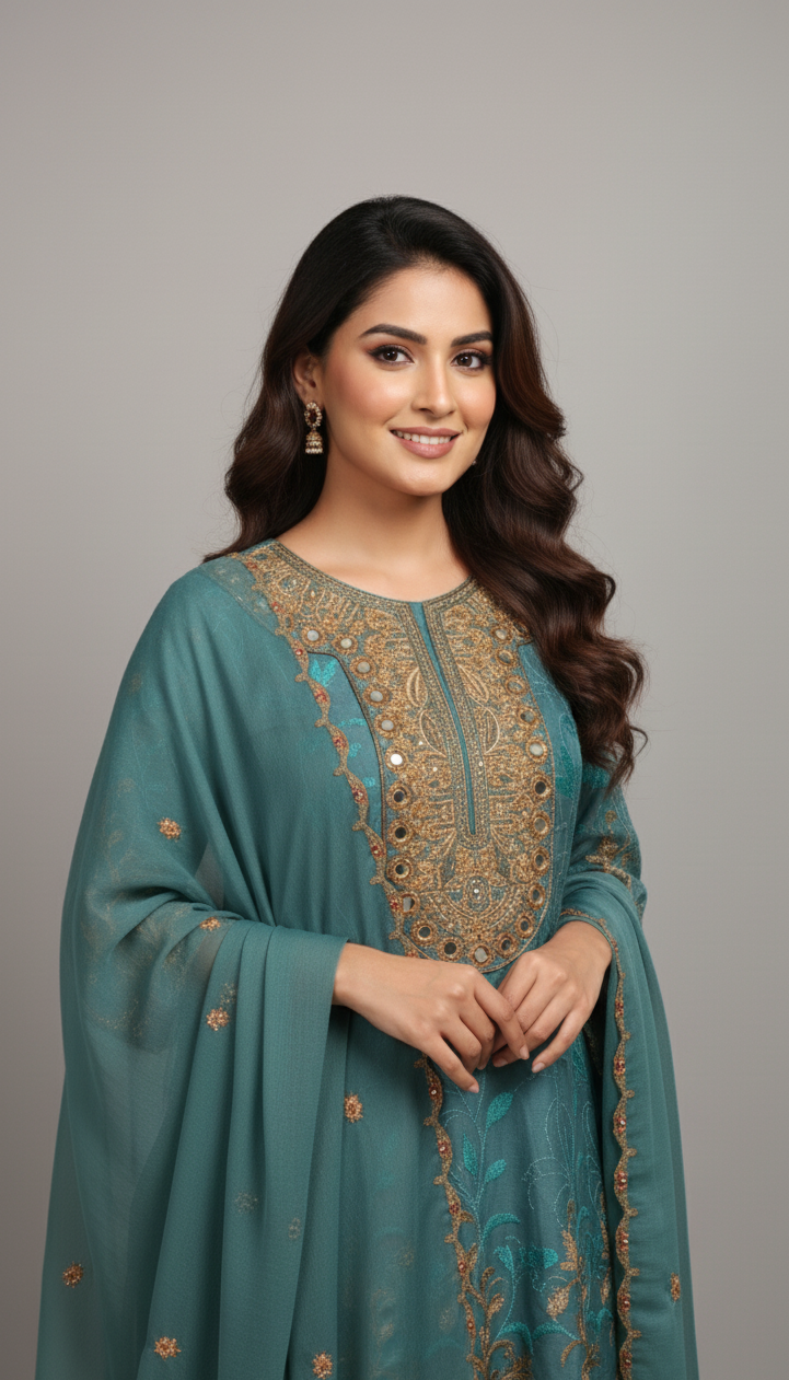 AMIRA|3-PIECE CHIFFON EMBROIDERED FROCK PINK MMG-844