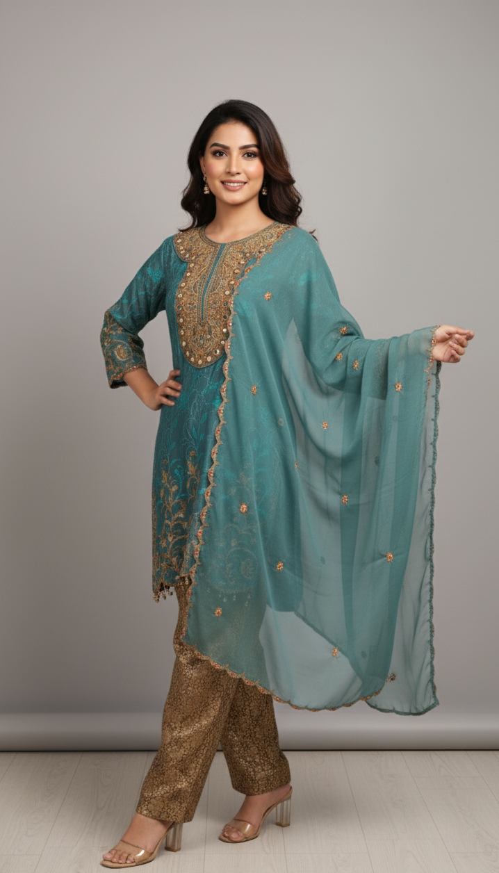 AMIRA|3-PIECE CHIFFON EMBROIDERED FROCK PINK MMG-844