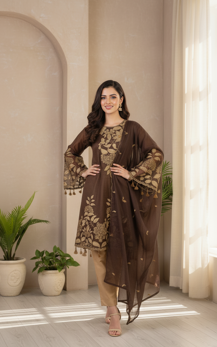NURA|3-PIECE LINING ORGANZA EMBROIDERED FROCK MMG-745