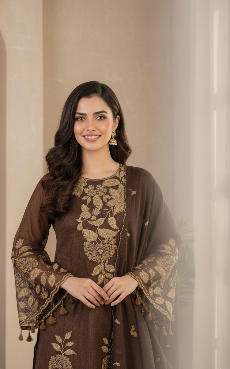 NURA|3-PIECE LINING ORGANZA EMBROIDERED FROCK MMG-745