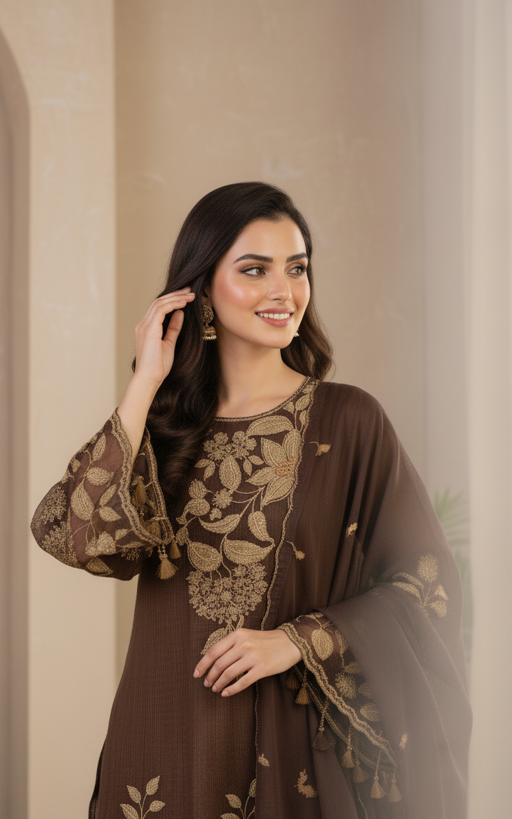 NURA|3-PIECE LINING ORGANZA EMBROIDERED FROCK MMG-745