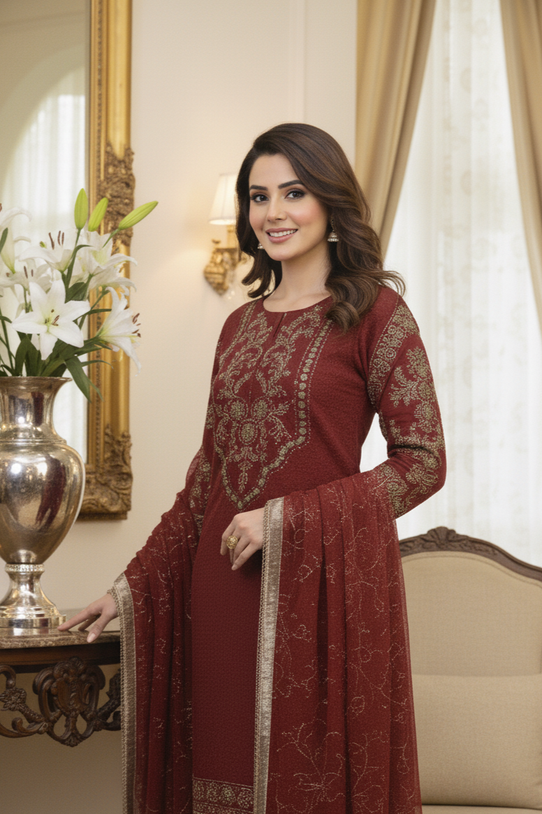 SAHIBA|3-PIECE CHIFFON EMBROIDERED KURTA SET MAROON MMG-1084