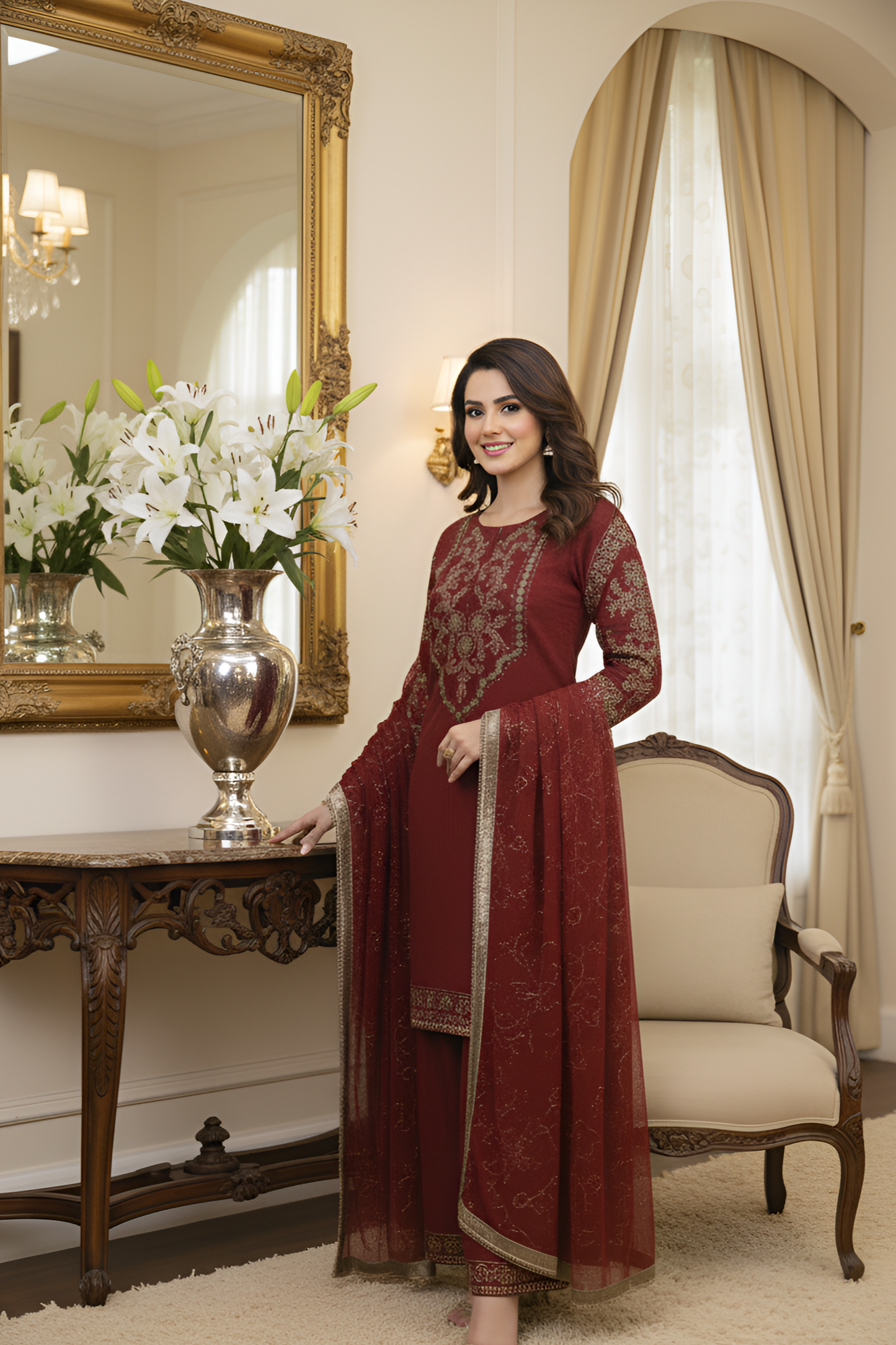 SAHIBA|3-PIECE CHIFFON EMBROIDERED KURTA SET MAROON MMG-1084