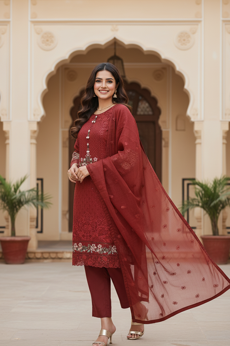 AAFREEEN|3-PIECE CLASSICAL ORGANZA NET KURTA SET MMG-1092