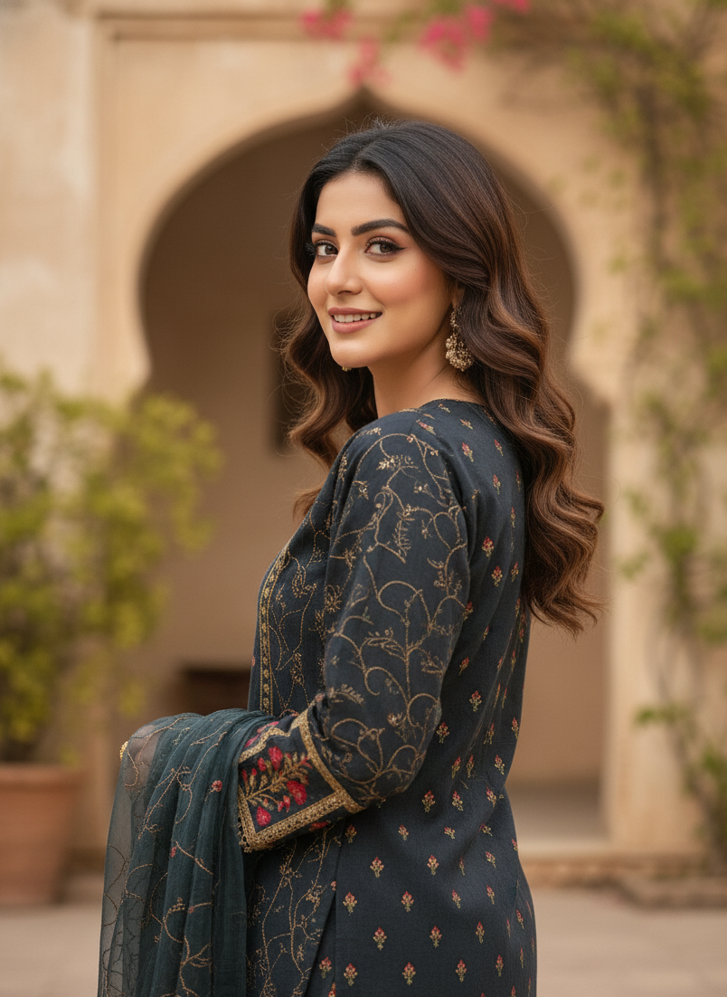 NOOR-E-KHADDAR|3-PIECE KHADDAR EMBROIDERED KURTA SET MMG-813