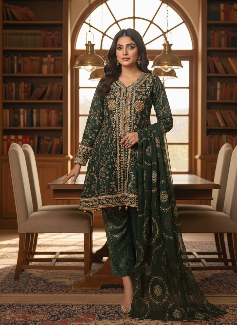 NOOR E CHASHAM|3-PIECE CHIFFON EMBROIDERED BACKTAIL FROCK GREEN MMG-825