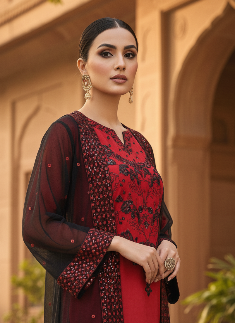NAYELAH|4-PIECE EMBROIDERED KURTA SET WITH GOWN MMG-