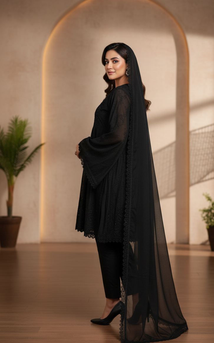 SHABNOOR|3-PIECE LAYERED CHIKANKARI EMB FROCK BLACK MMG-867