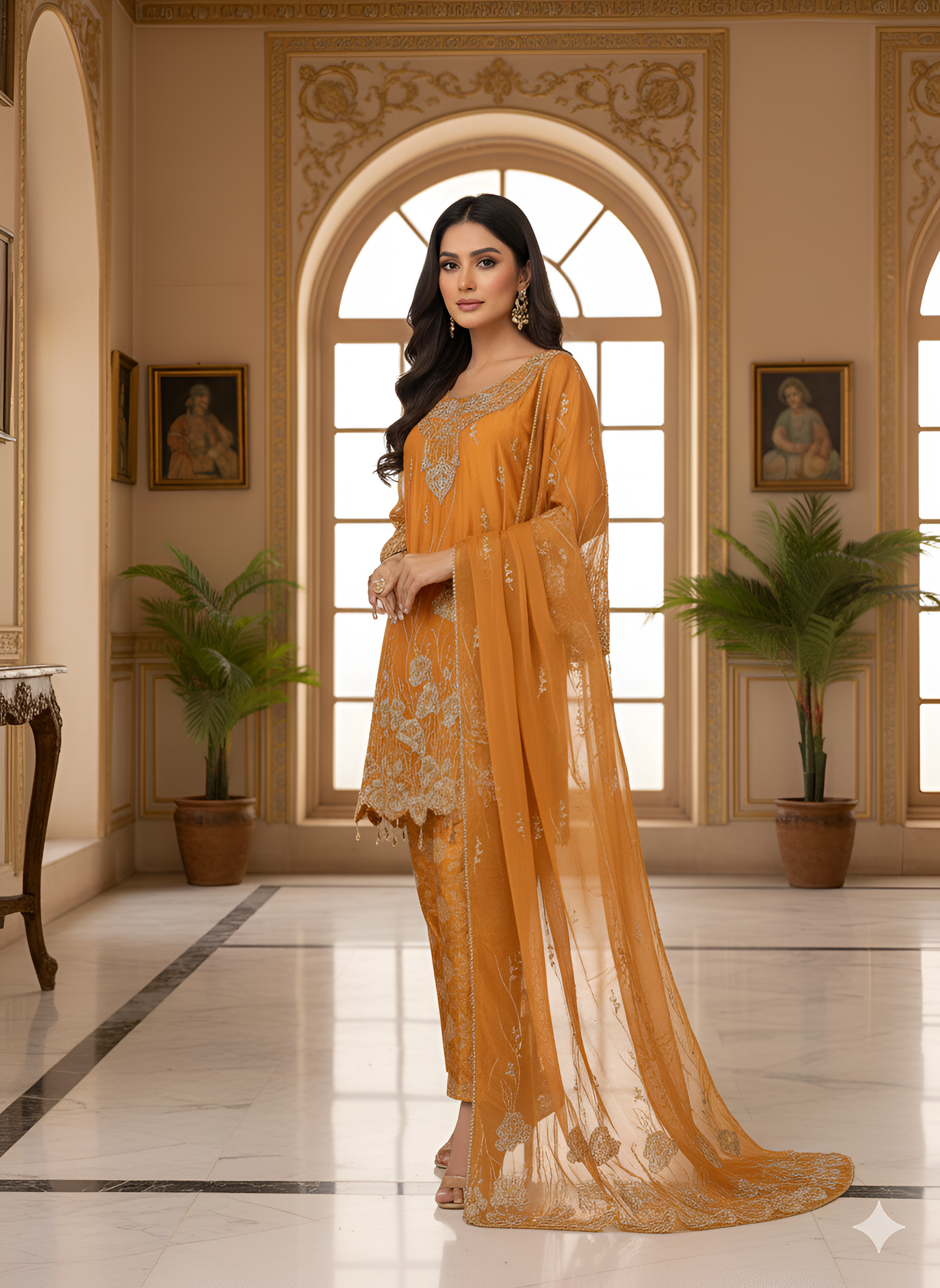 ZAREEHA|3-PIECE CHIFFON EMBRODIERED HANDWORK FROCK ORANGE MMG-843