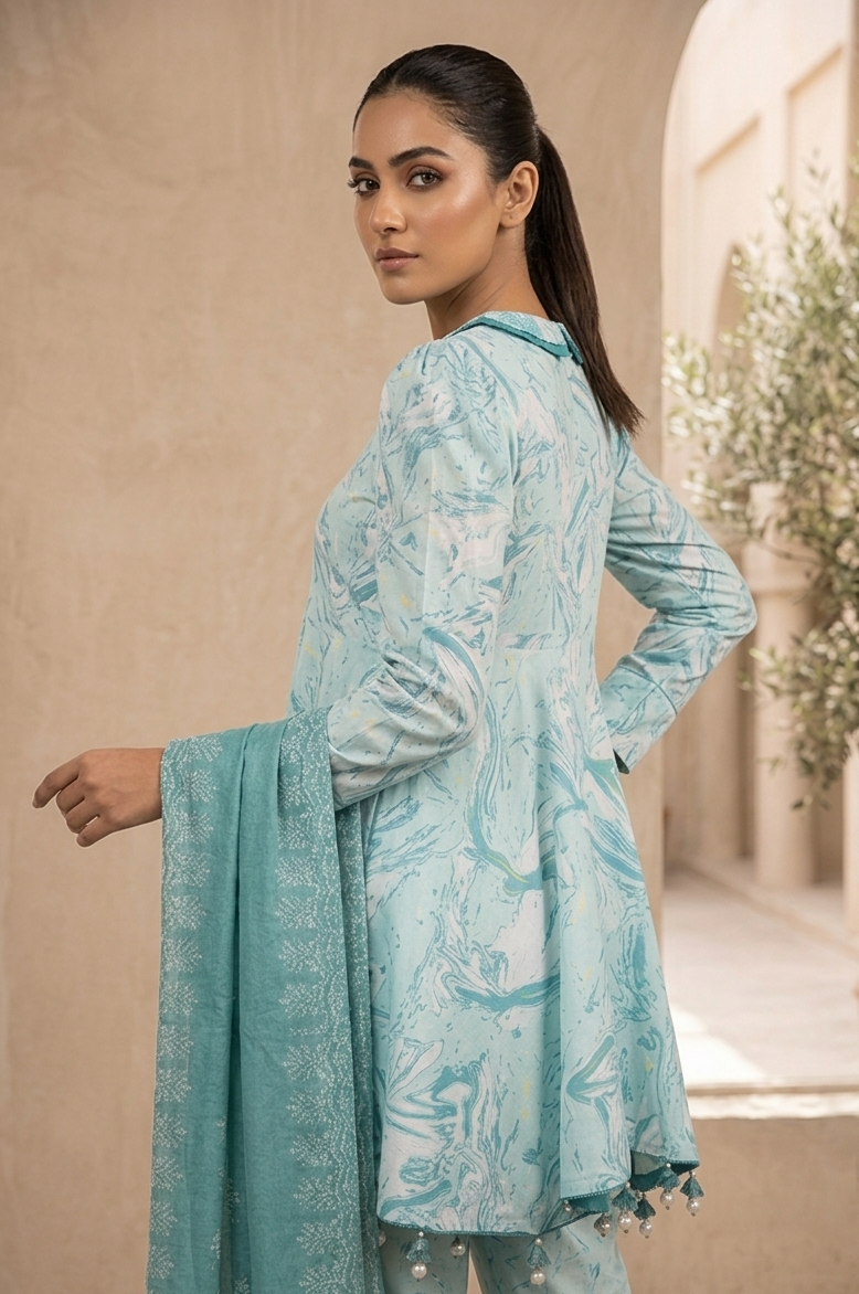 MARBLE PRINTED SILK FROCK SET