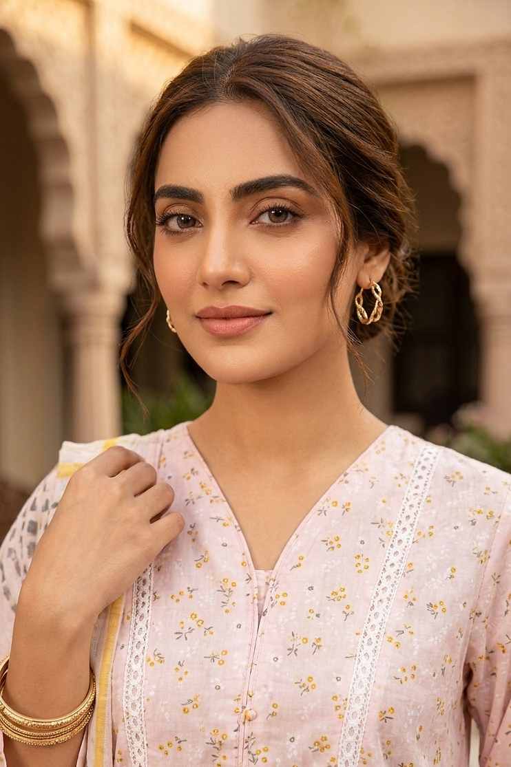 Serene Petals digital printed lawn 3-piece suit with tassel neck, lace-work daman, matching lawn trouser, and chiffon printed dupatta.