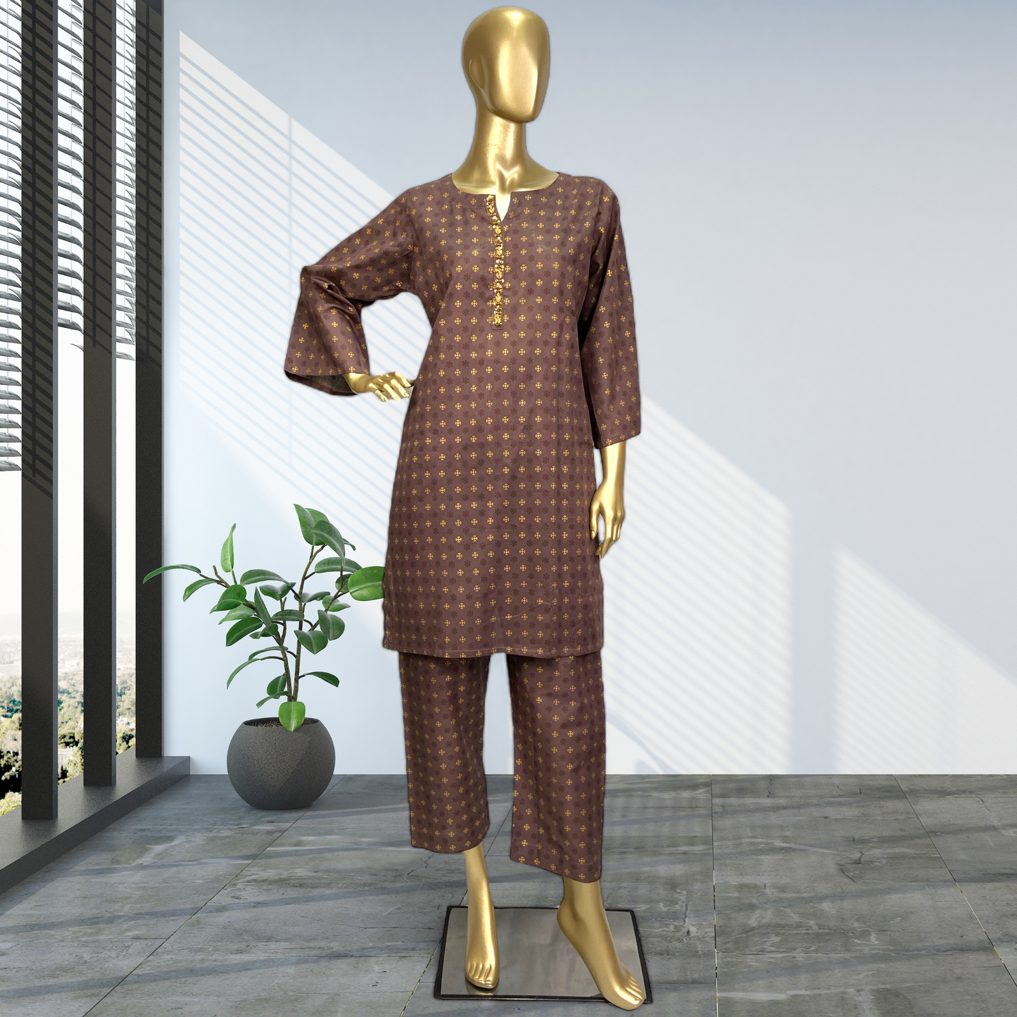 2-Piece Cotton Block Print Suit with Hand-Worked Neckline MMG-D-108
