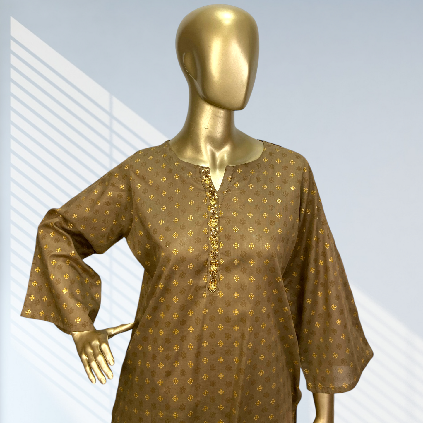 2-Piece Cotton Block Print Suit with Hand-Worked Neckline MMG-D-108