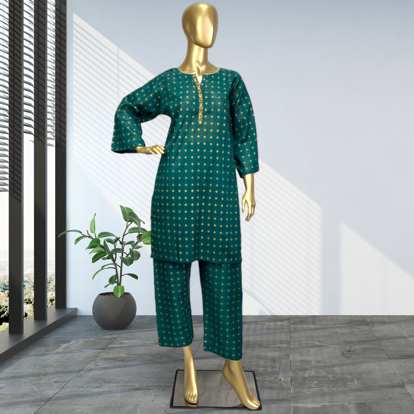 2-Piece Cotton Block Print Suit with Hand-Worked Neckline MMG-D-108