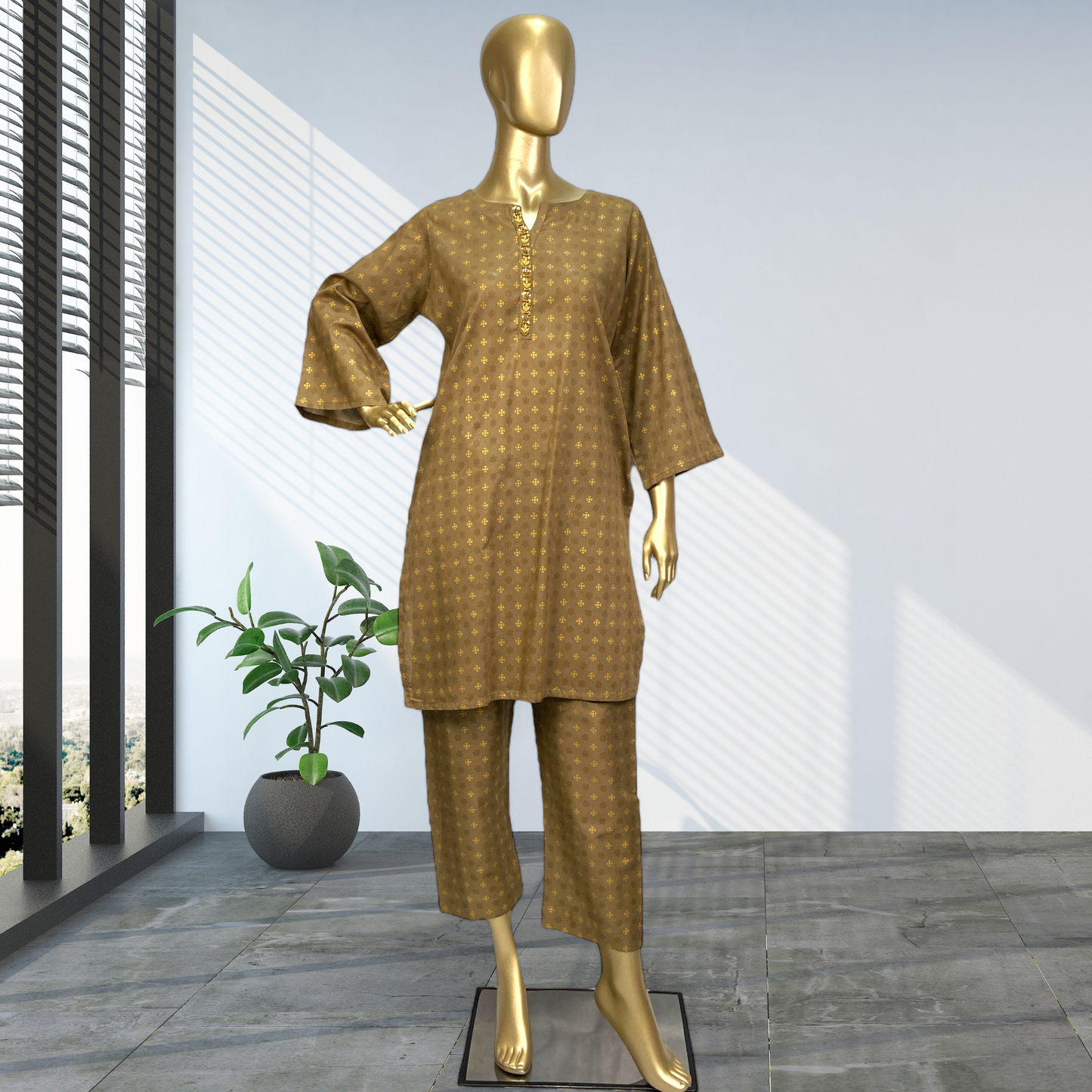 2-Piece Cotton Block Print Suit with Hand-Worked Neckline MMG-D-108