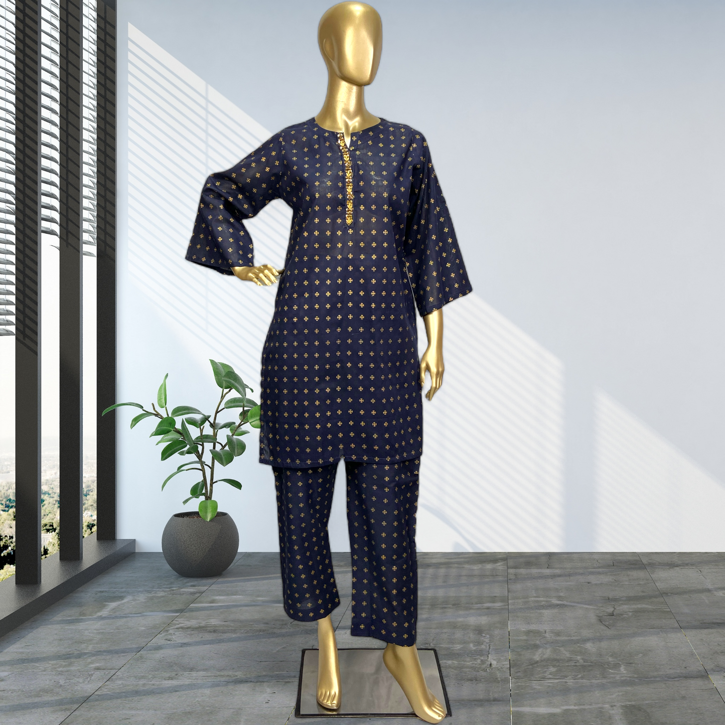 2-Piece Cotton Block Print Suit with Hand-Worked Neckline MMG-D-108