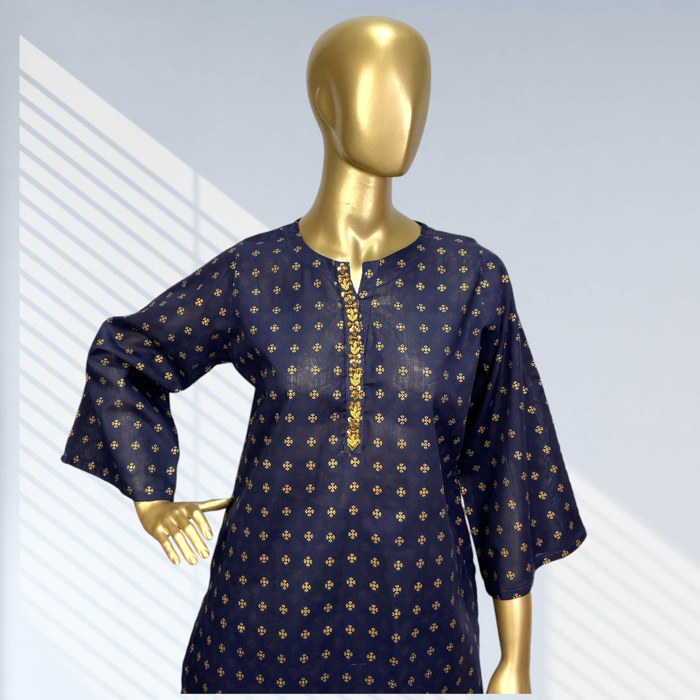 2-Piece Cotton Block Print Suit with Hand-Worked Neckline MMG-D-108