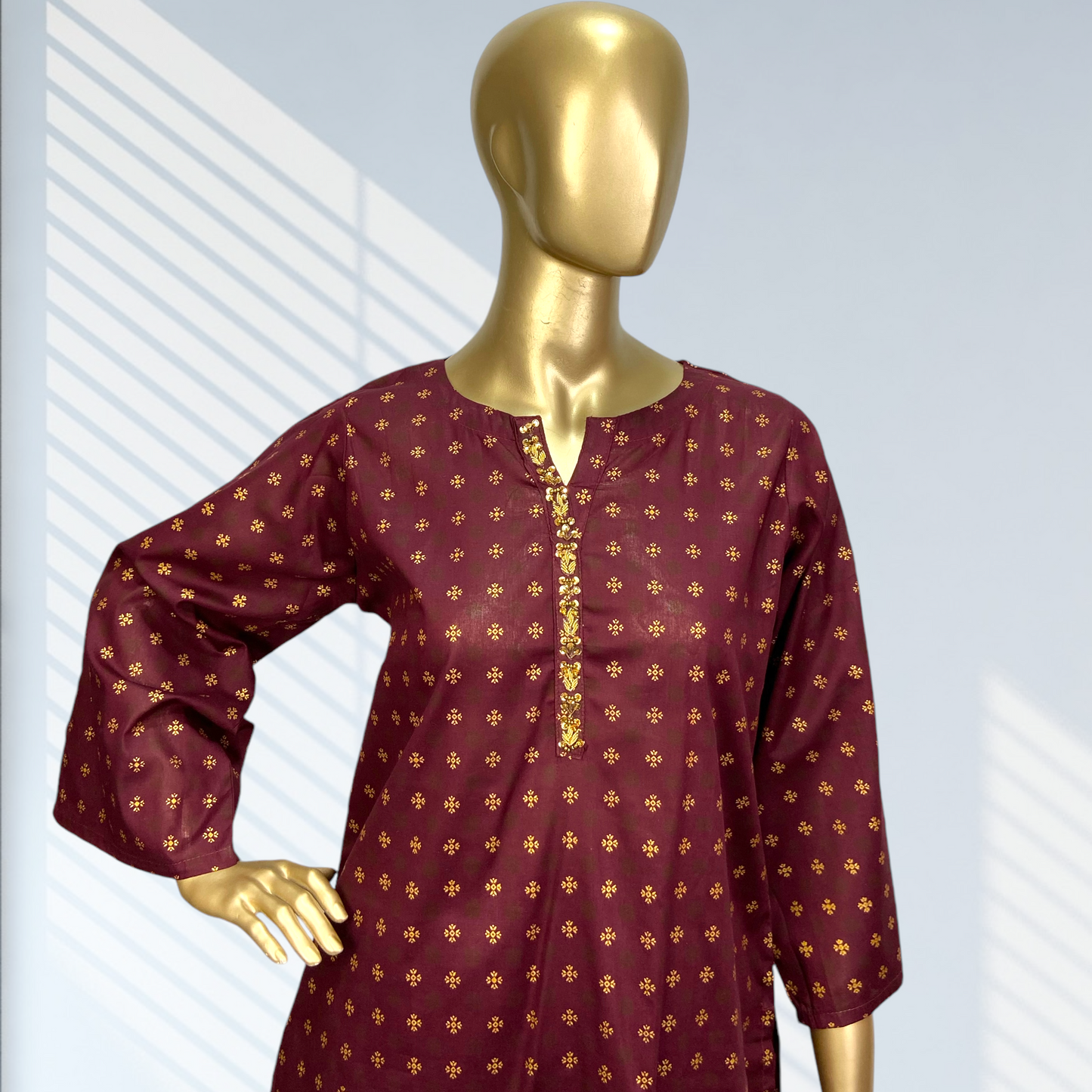 2-Piece Cotton Block Print Suit with Hand-Worked Neckline MMG-D-108