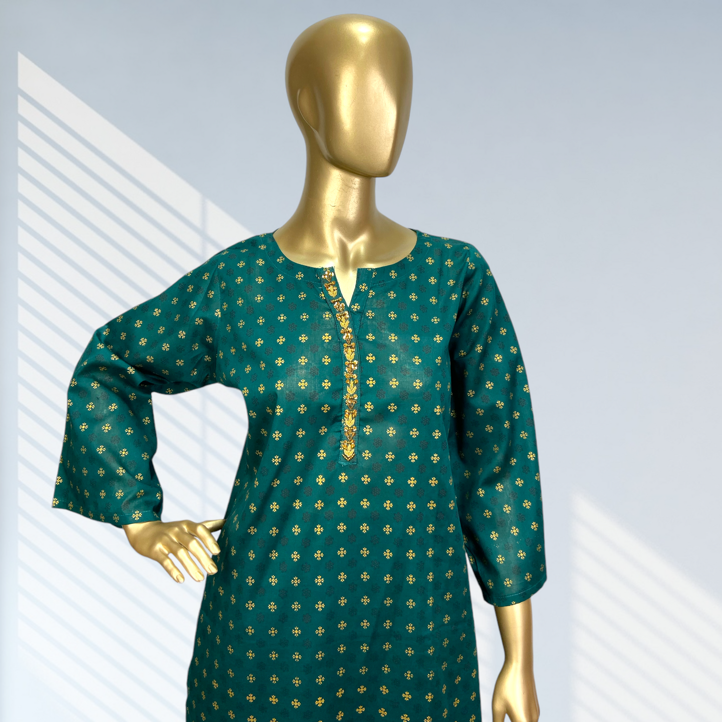 2-Piece Cotton Block Print Suit with Hand-Worked Neckline MMG-D-108