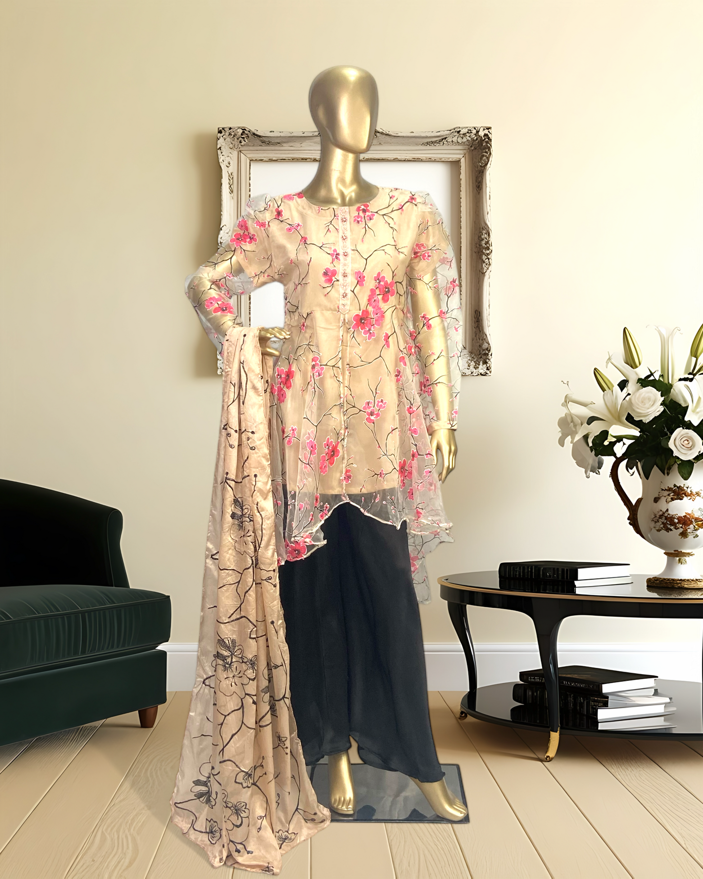 Elegant Printed Tissue Frock with Handwork Neck MMG-GG-729