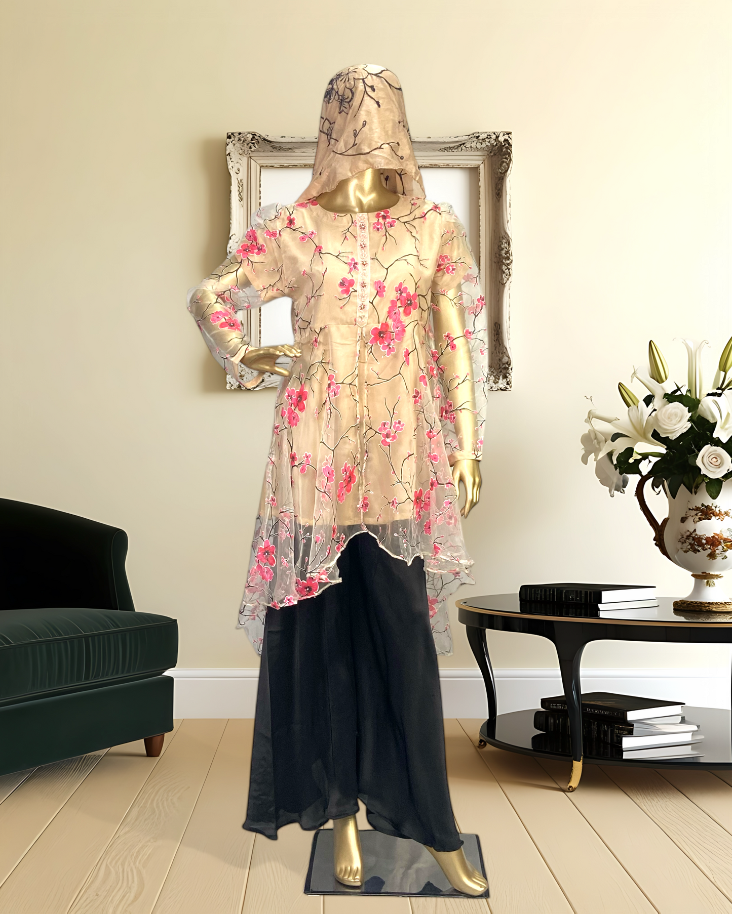Elegant Printed Tissue Frock with Handwork Neck MMG-GG-729