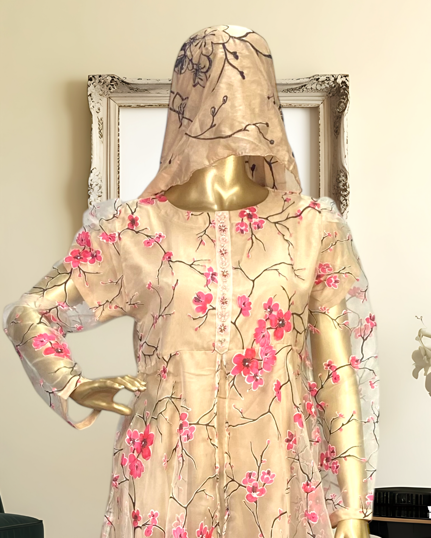Elegant Printed Tissue Frock with Handwork Neck MMG-GG-729