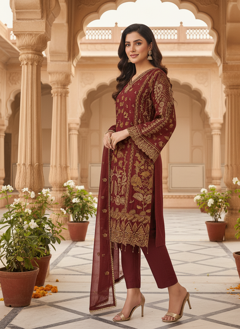 MOONLIT 3-PIECE CHIFFON EMBROIDERED SUIT MAROON MMG-786