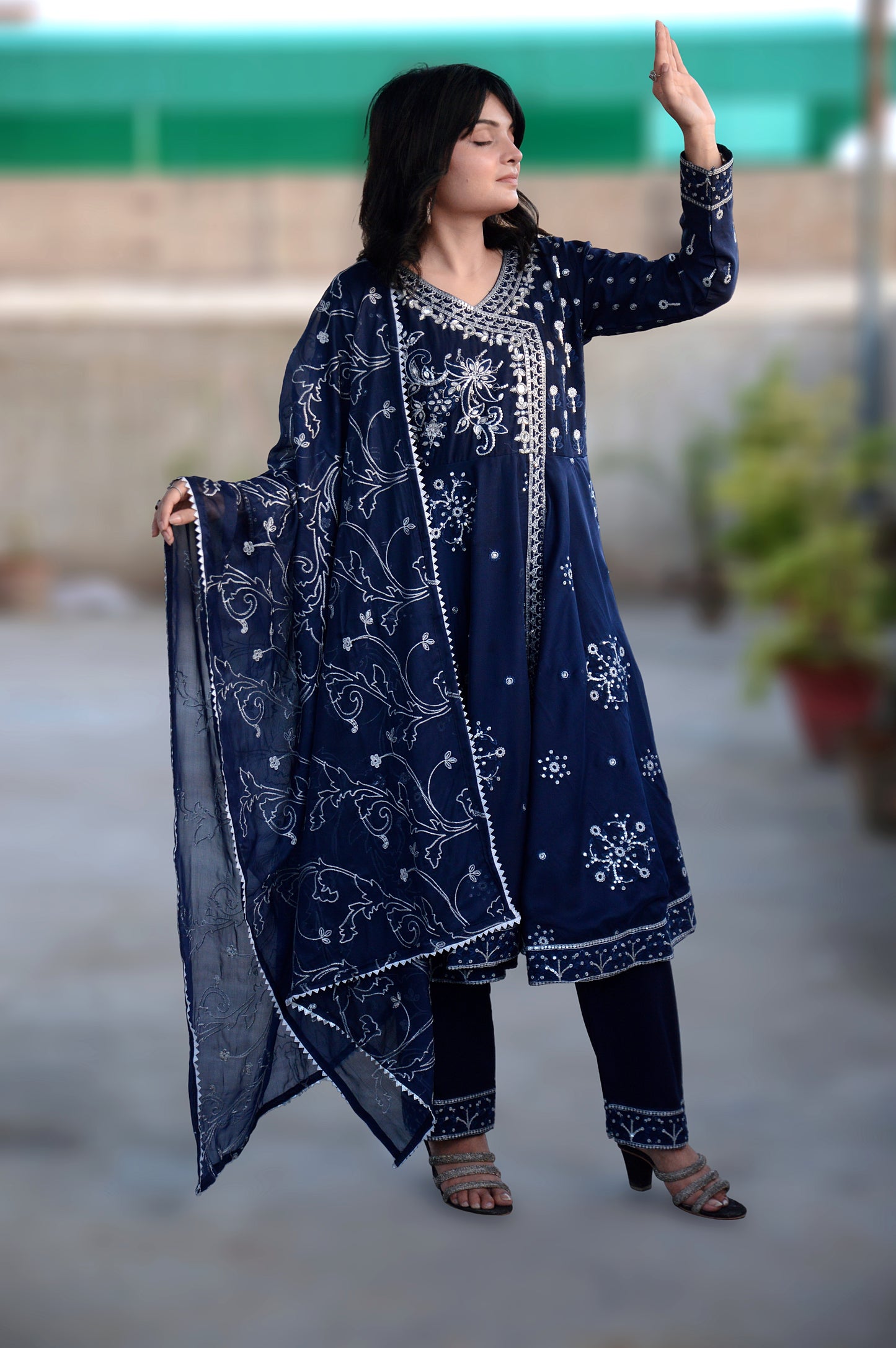 SUROOR ANGRAKHA FROCK|3-PIECE CHIFFON EMBROIDERED FROCK|EMBROIDERED TROUSER|EMBROIDERED DUPATTA MMG-
