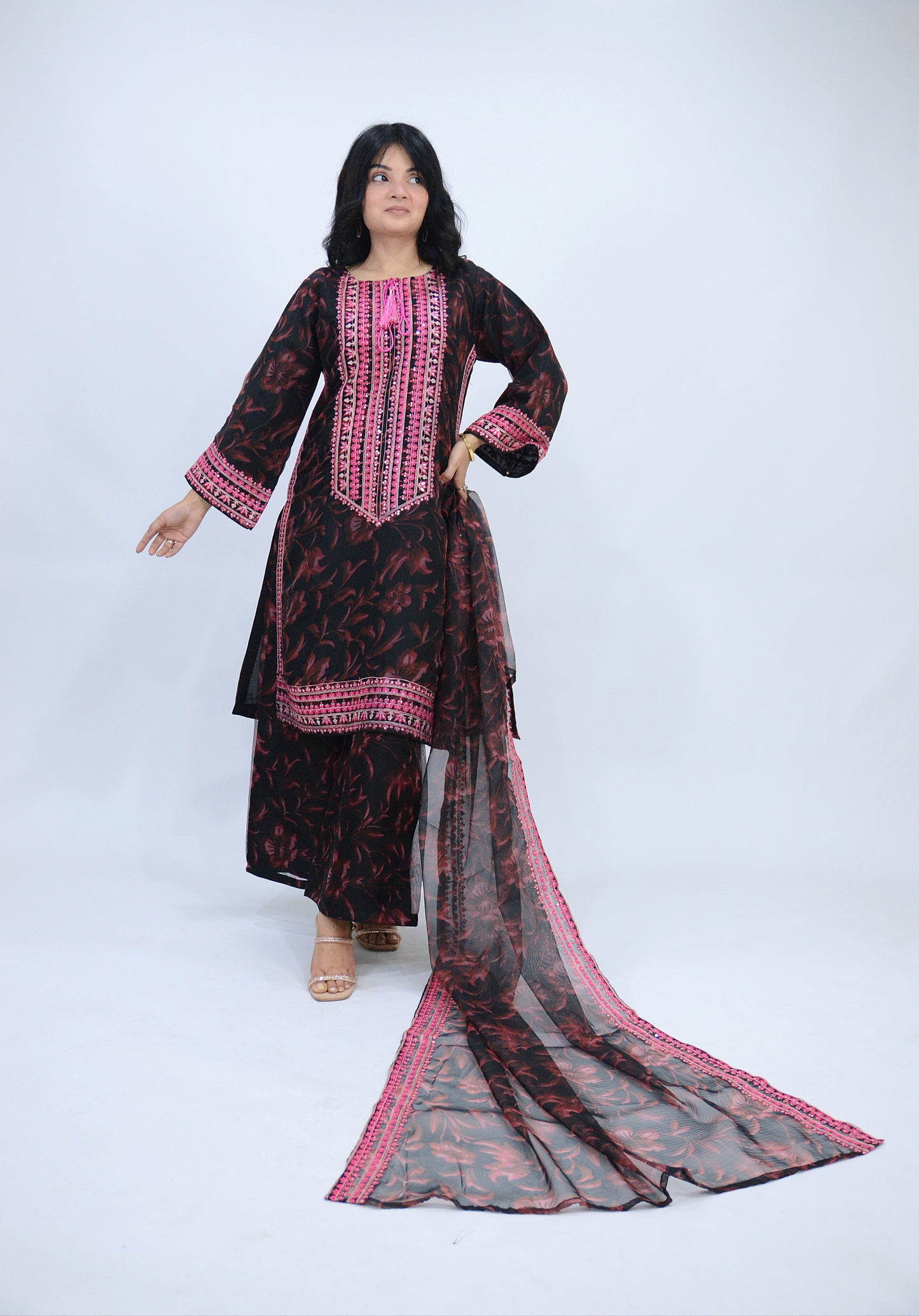 APPLE SILK DIGITAL PRINTED ORGANZA 3-PIECE EMBROIDERED SEQUENCE WORK|EMBROIDERED DAMAN PATTI|PRINTED FLAPPER|PRINTED DUPATTA WITH EMBROIDERED BORDER MMG-1053