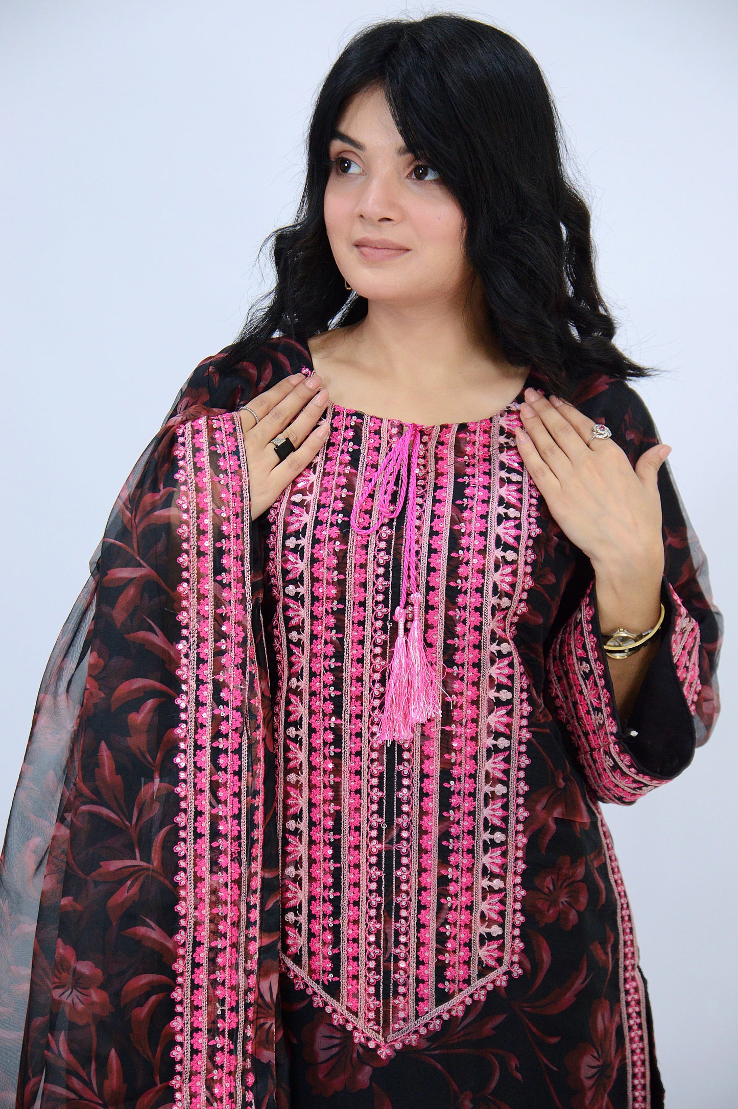 APPLE SILK DIGITAL PRINTED ORGANZA 3-PIECE EMBROIDERED SEQUENCE WORK|EMBROIDERED DAMAN PATTI|PRINTED FLAPPER|PRINTED DUPATTA WITH EMBROIDERED BORDER MMG-1053