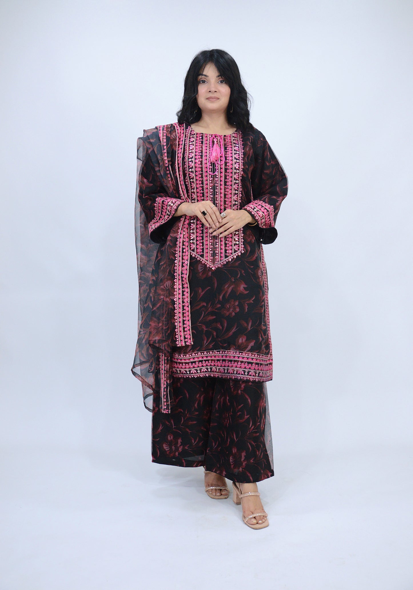 APPLE SILK DIGITAL PRINTED ORGANZA 3-PIECE EMBROIDERED SEQUENCE WORK|EMBROIDERED DAMAN PATTI|PRINTED FLAPPER|PRINTED DUPATTA WITH EMBROIDERED BORDER MMG-1053