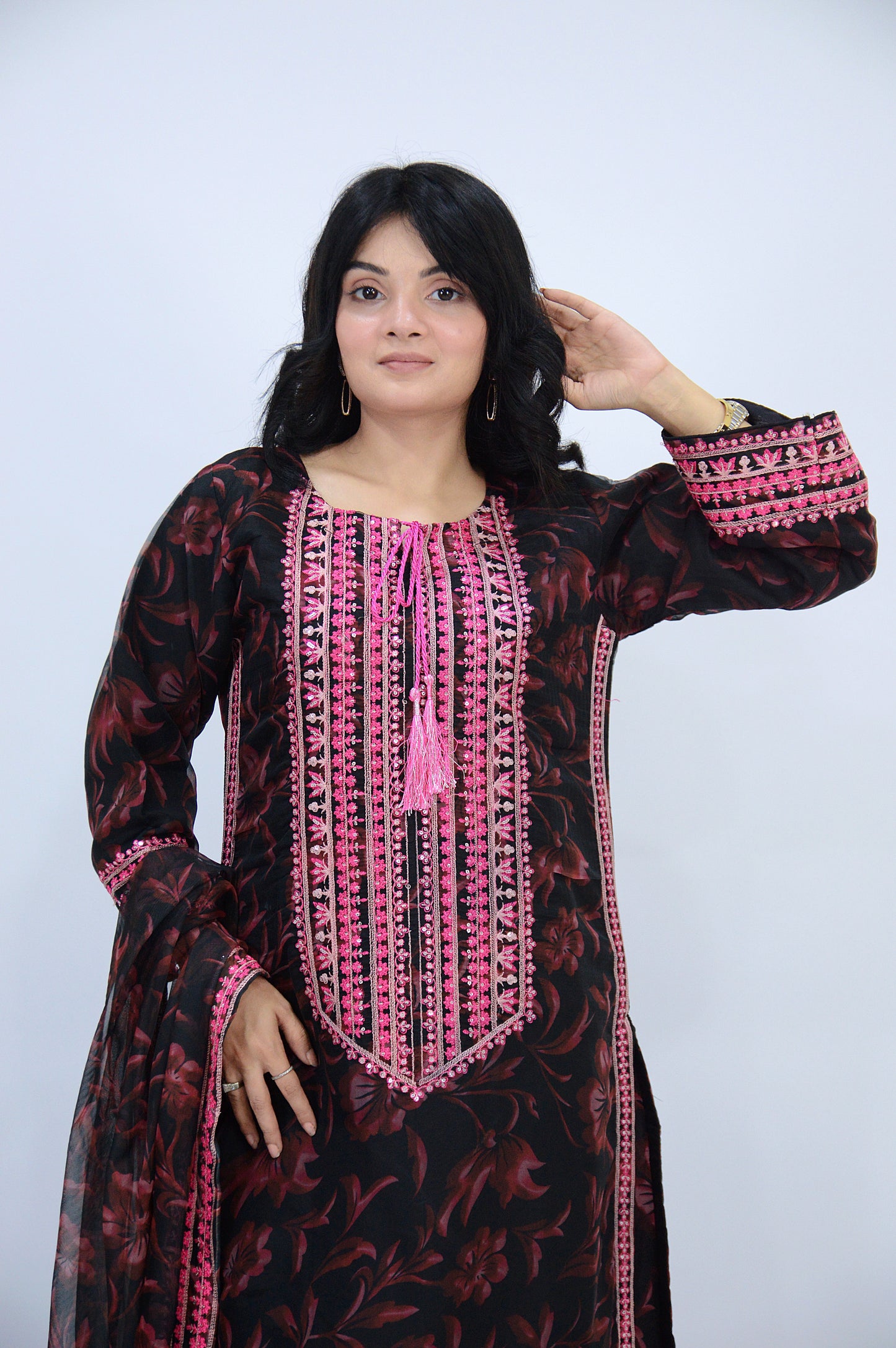 APPLE SILK DIGITAL PRINTED ORGANZA 3-PIECE EMBROIDERED SEQUENCE WORK|EMBROIDERED DAMAN PATTI|PRINTED FLAPPER|PRINTED DUPATTA WITH EMBROIDERED BORDER MMG-1053