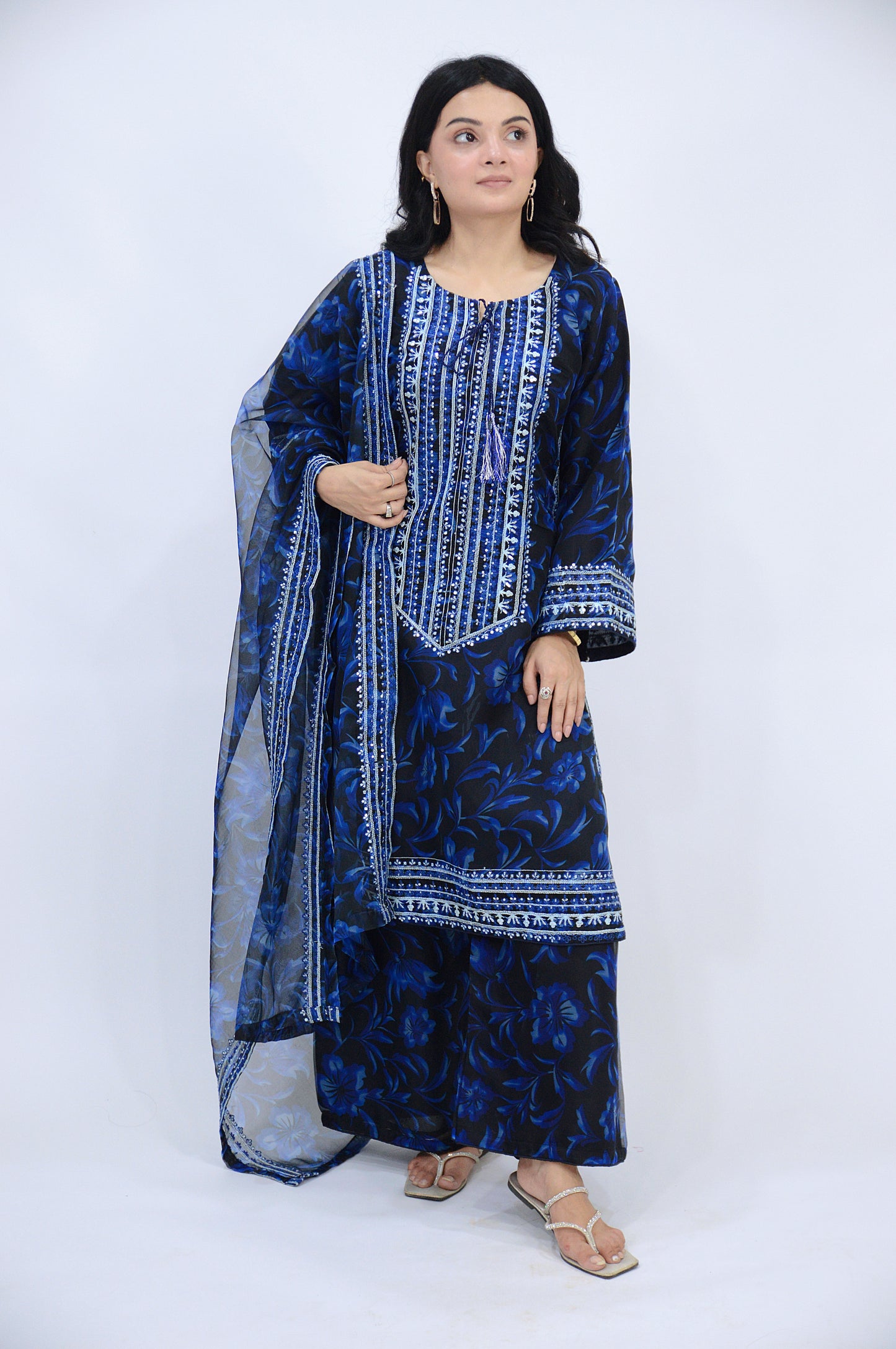 APPLE SILK DIGITAL PRINTED ORGANZA 3-PIECE EMBROIDERED SEQUENCE WORK|EMBROIDERED DAMAN PATTI|PRINTED FLAPPER|PRINTED DUPATTA WITH EMBROIDERED DUPATTA MMG-1053