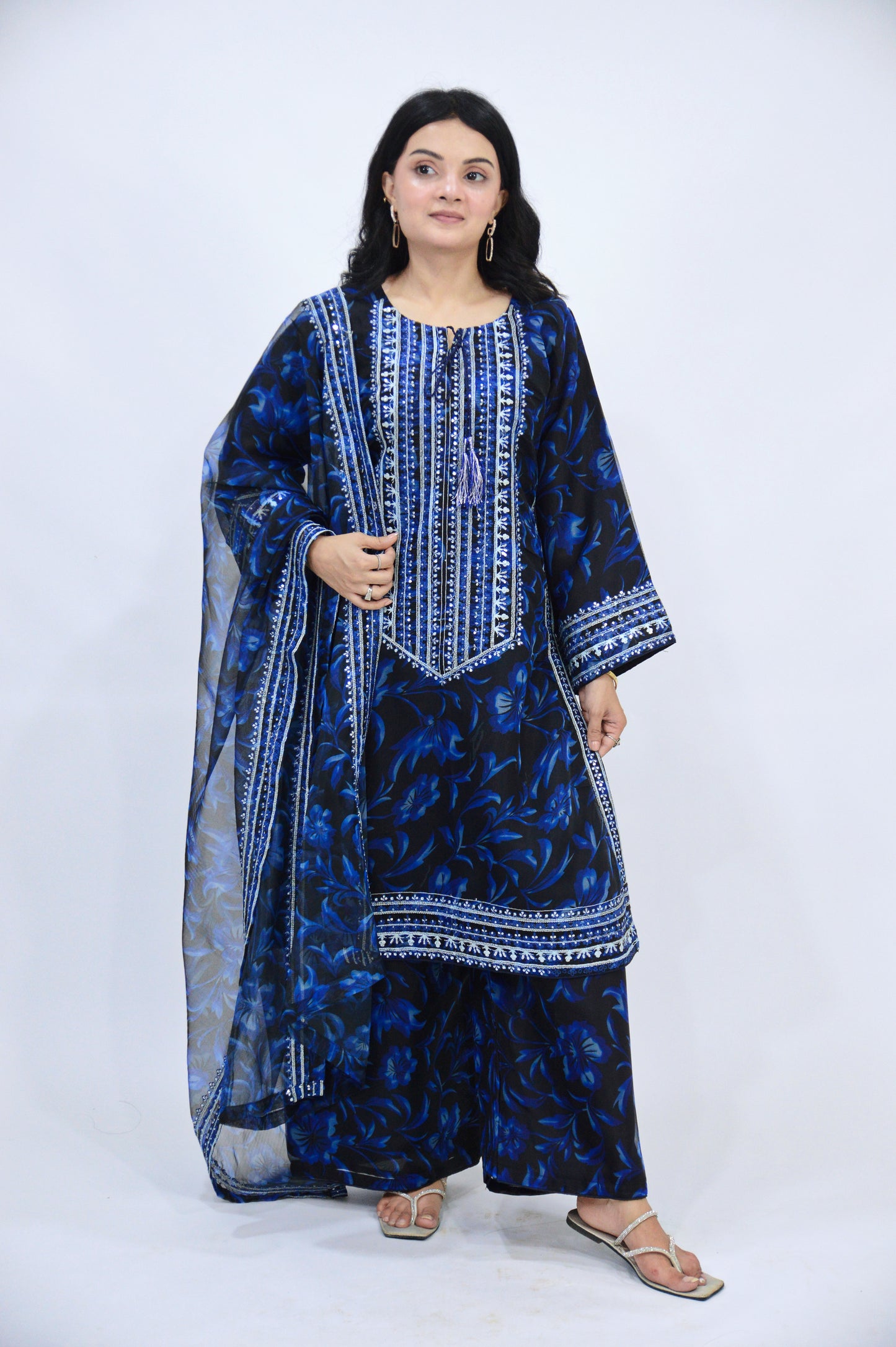 APPLE SILK DIGITAL PRINTED ORGANZA 3-PIECE EMBROIDERED SEQUENCE WORK|EMBROIDERED DAMAN PATTI|PRINTED FLAPPER|PRINTED DUPATTA WITH EMBROIDERED DUPATTA MMG-1053