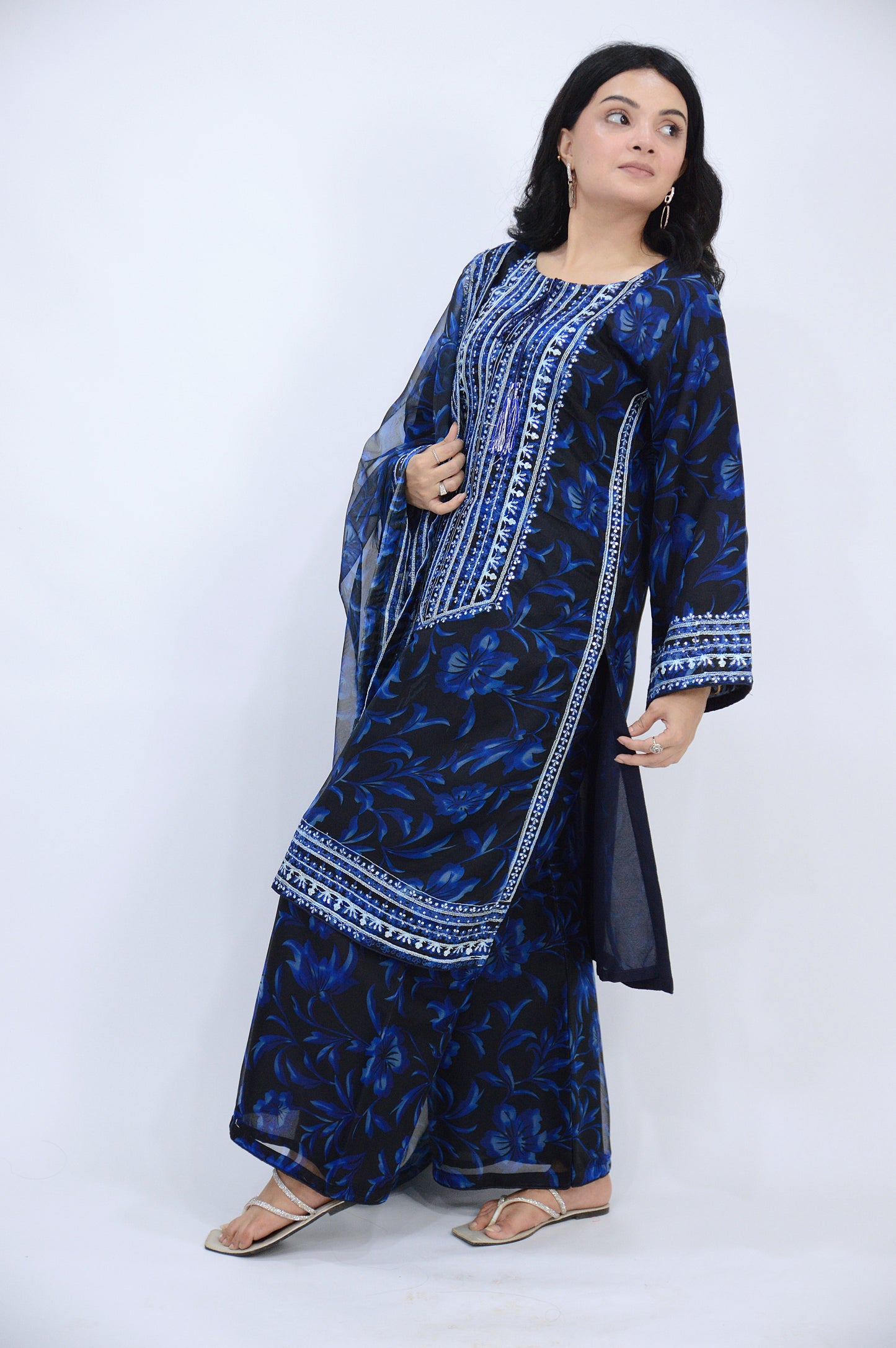 APPLE SILK DIGITAL PRINTED ORGANZA 3-PIECE EMBROIDERED SEQUENCE WORK|EMBROIDERED DAMAN PATTI|PRINTED FLAPPER|PRINTED DUPATTA WITH EMBROIDERED DUPATTA MMG-1053
