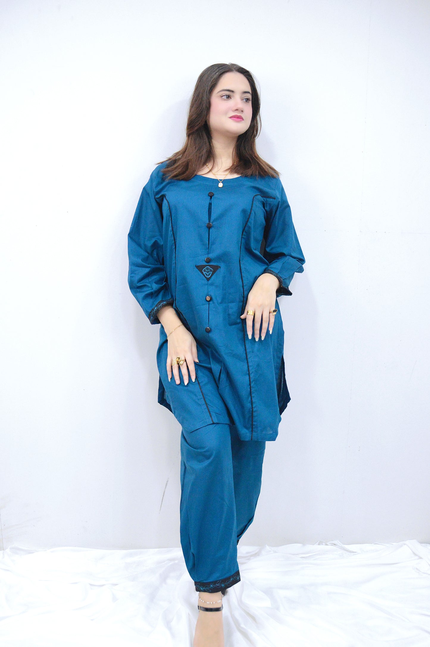 CASUAL GLOW|2-PIECE DORIA COTTON SHIRT WITH TUSSELS & EMBROIDERED BACK BUNCH|PLAIN ELEGANT TROUSER MMG-1042