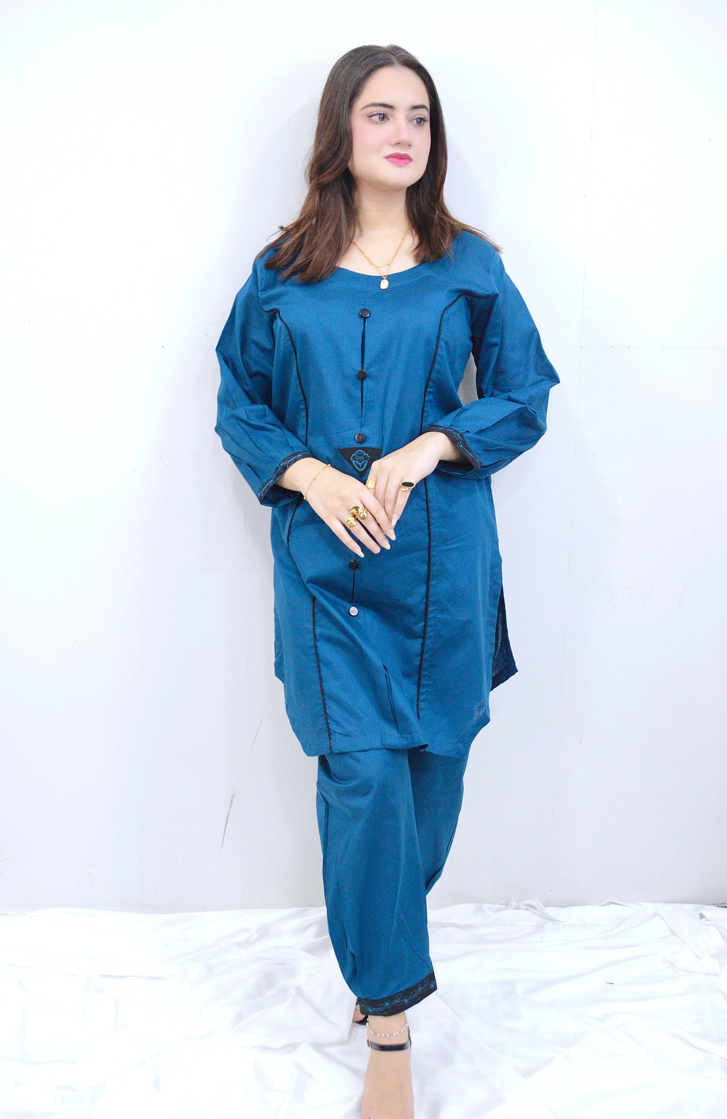 CASUAL GLOW|2-PIECE DORIA COTTON SHIRT WITH TUSSELS & EMBROIDERED BACK BUNCH|PLAIN ELEGANT TROUSER MMG-1042