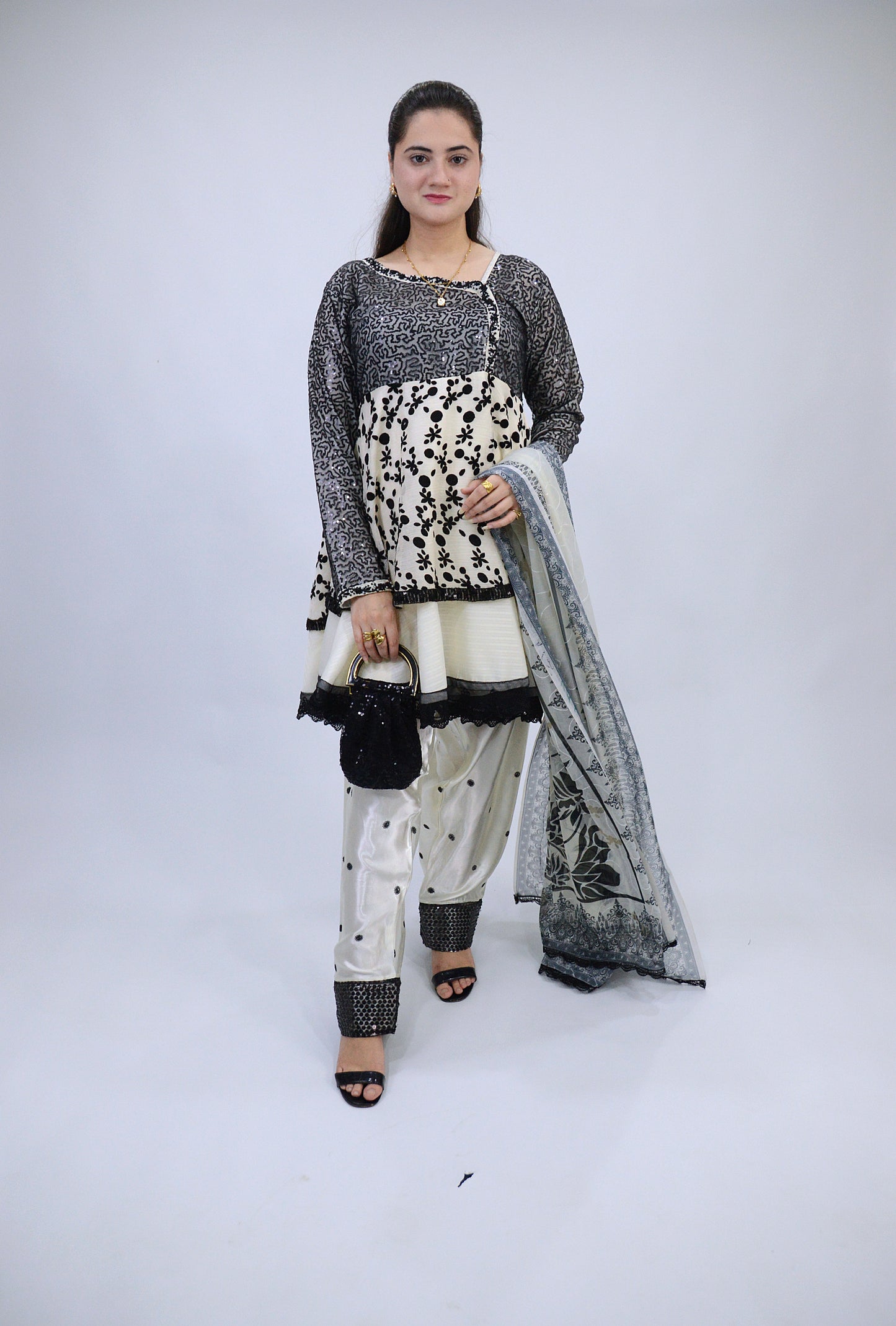 DOUBLE D-FROCK WITH SEQUENCE SITARA WORK|FARSI EMBROIDERED SHALWAR|SILK CHIFFON DUPATTA MMG-1015