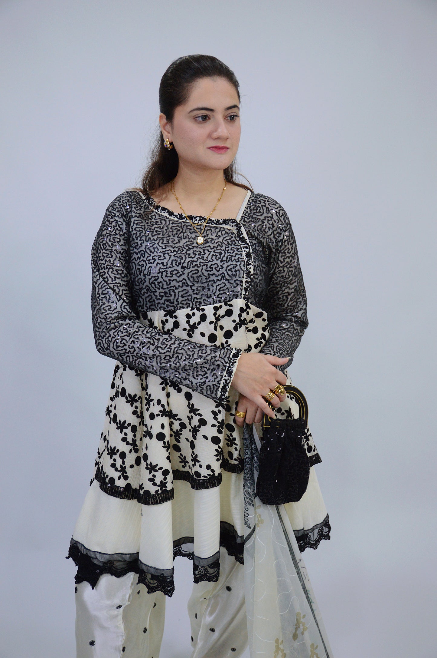 DOUBLE D-FROCK WITH SEQUENCE SITARA WORK|FARSI EMBROIDERED SHALWAR|SILK CHIFFON DUPATTA MMG-1015