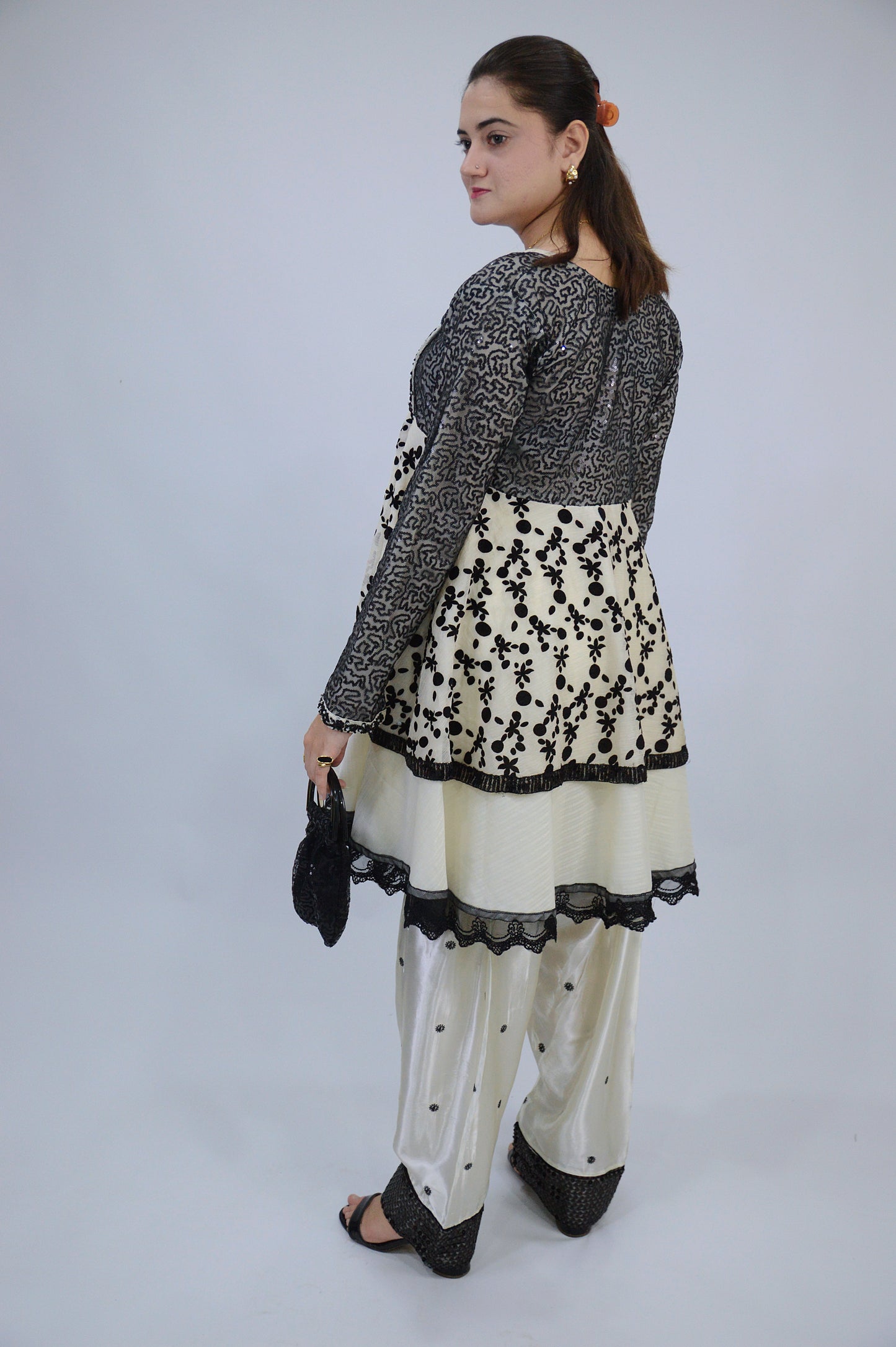 DOUBLE D-FROCK WITH SEQUENCE SITARA WORK|FARSI EMBROIDERED SHALWAR|SILK CHIFFON DUPATTA MMG-1015