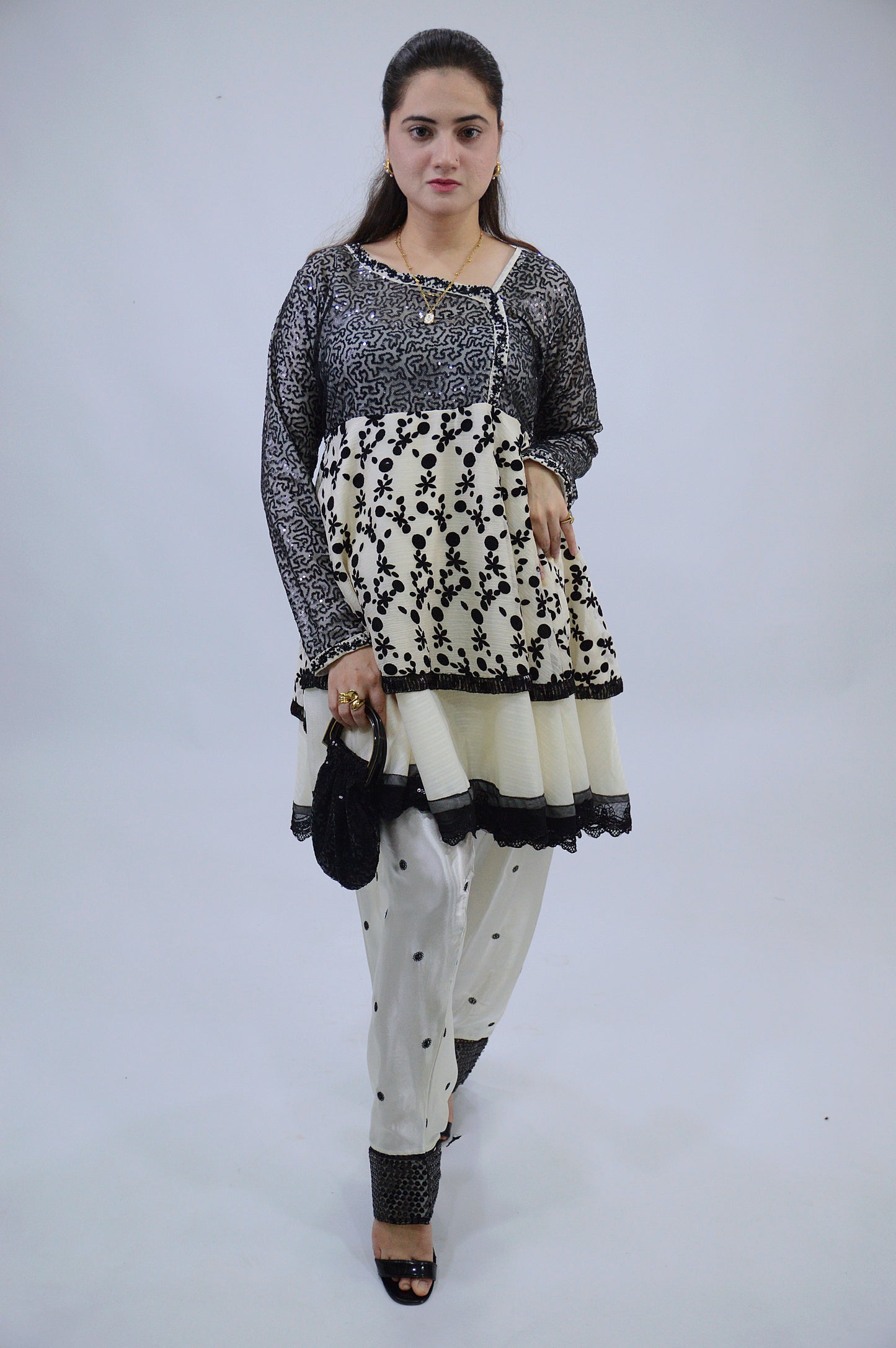 DOUBLE D-FROCK WITH SEQUENCE SITARA WORK|FARSI EMBROIDERED SHALWAR|SILK CHIFFON DUPATTA MMG-1015