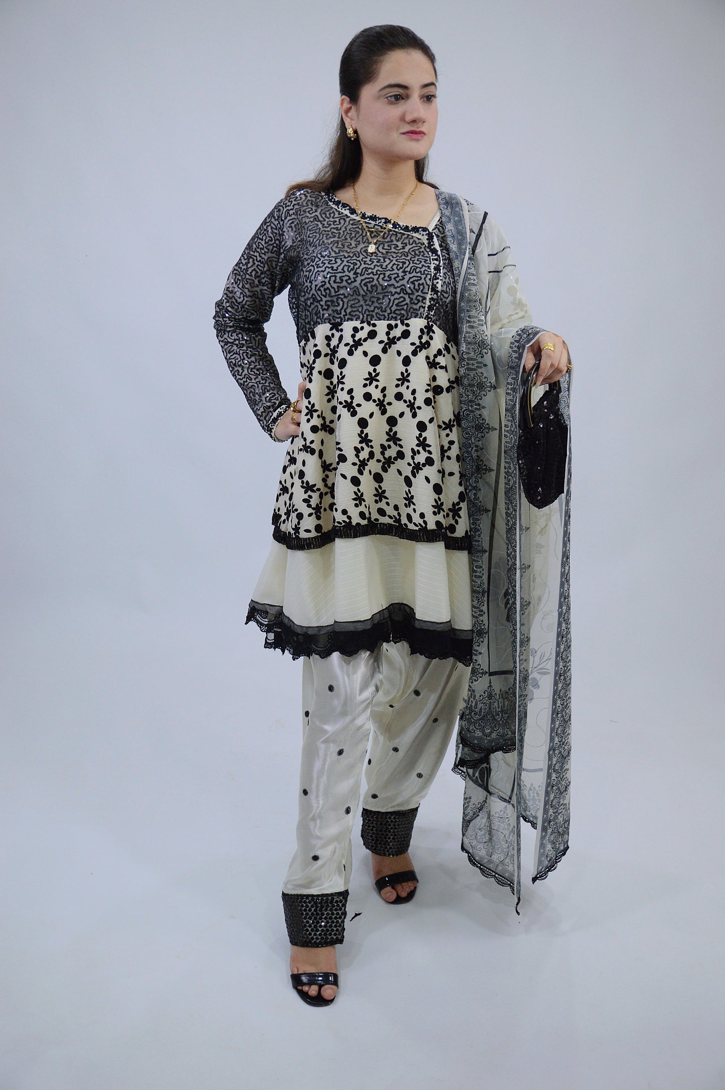 DOUBLE D-FROCK WITH SEQUENCE SITARA WORK|FARSI EMBROIDERED SHALWAR|SILK CHIFFON DUPATTA MMG-1015