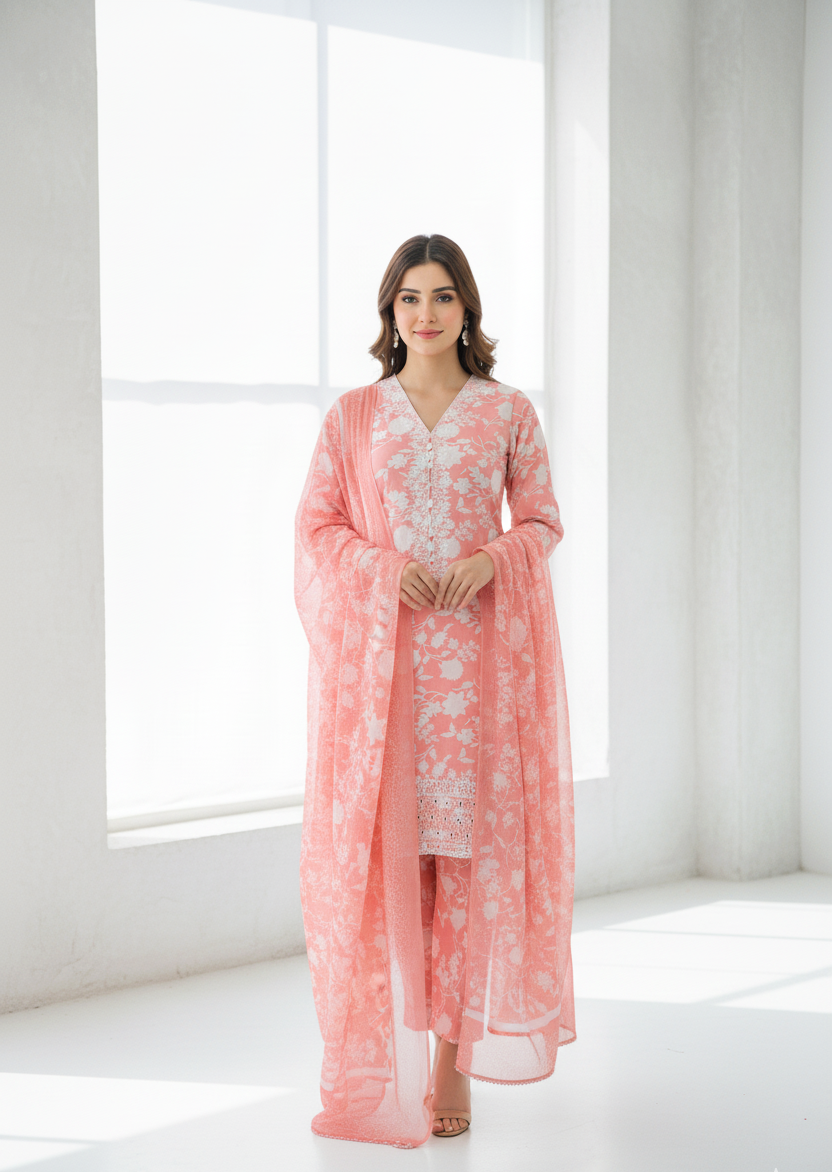 ANARKALI|3-PIECE DIGITAL PRINTED BOSKI SWISS & EMBROIDERED KURTA SET MMG-1068