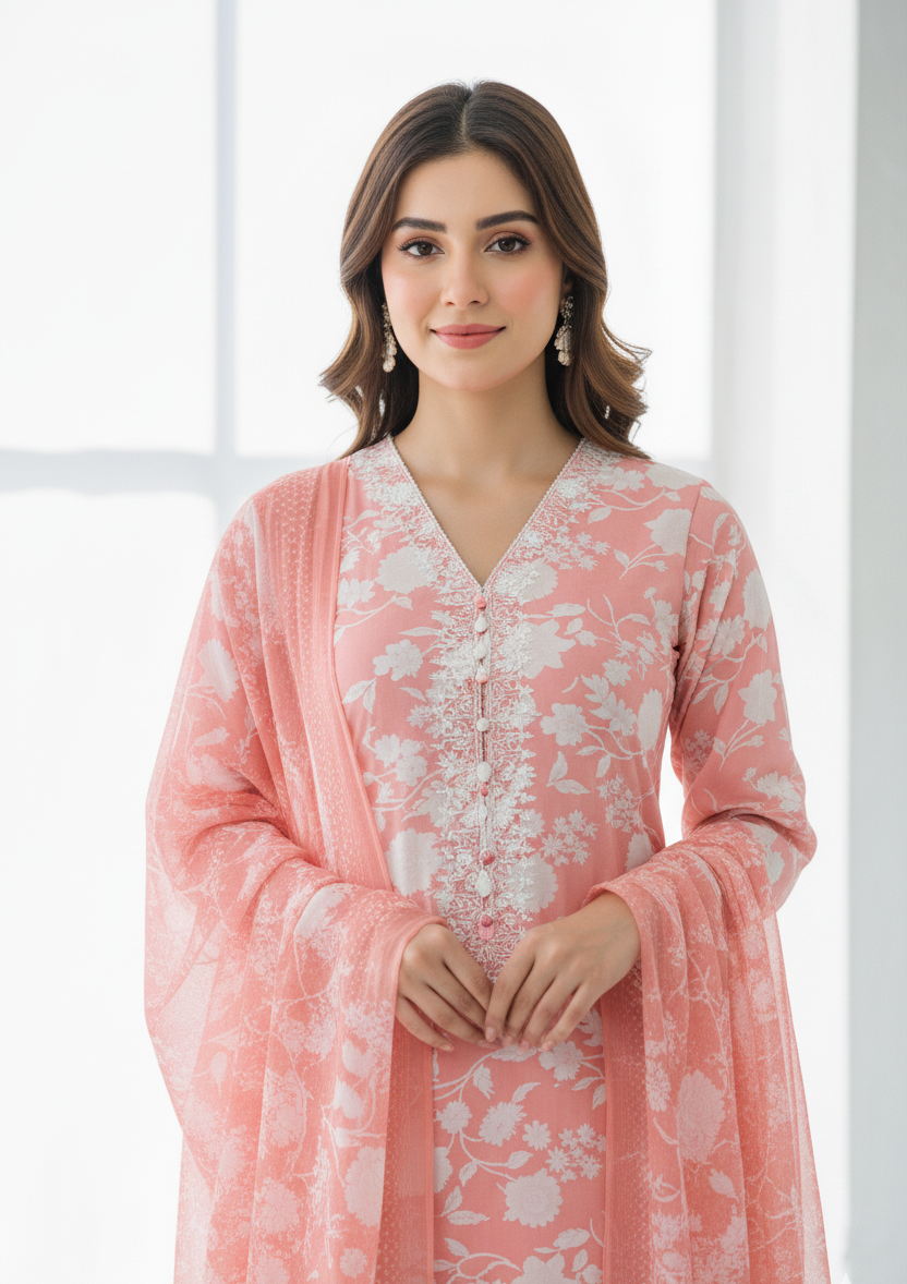 ANARKALI|3-PIECE DIGITAL PRINTED BOSKI SWISS & EMBROIDERED KURTA SET MMG-1068
